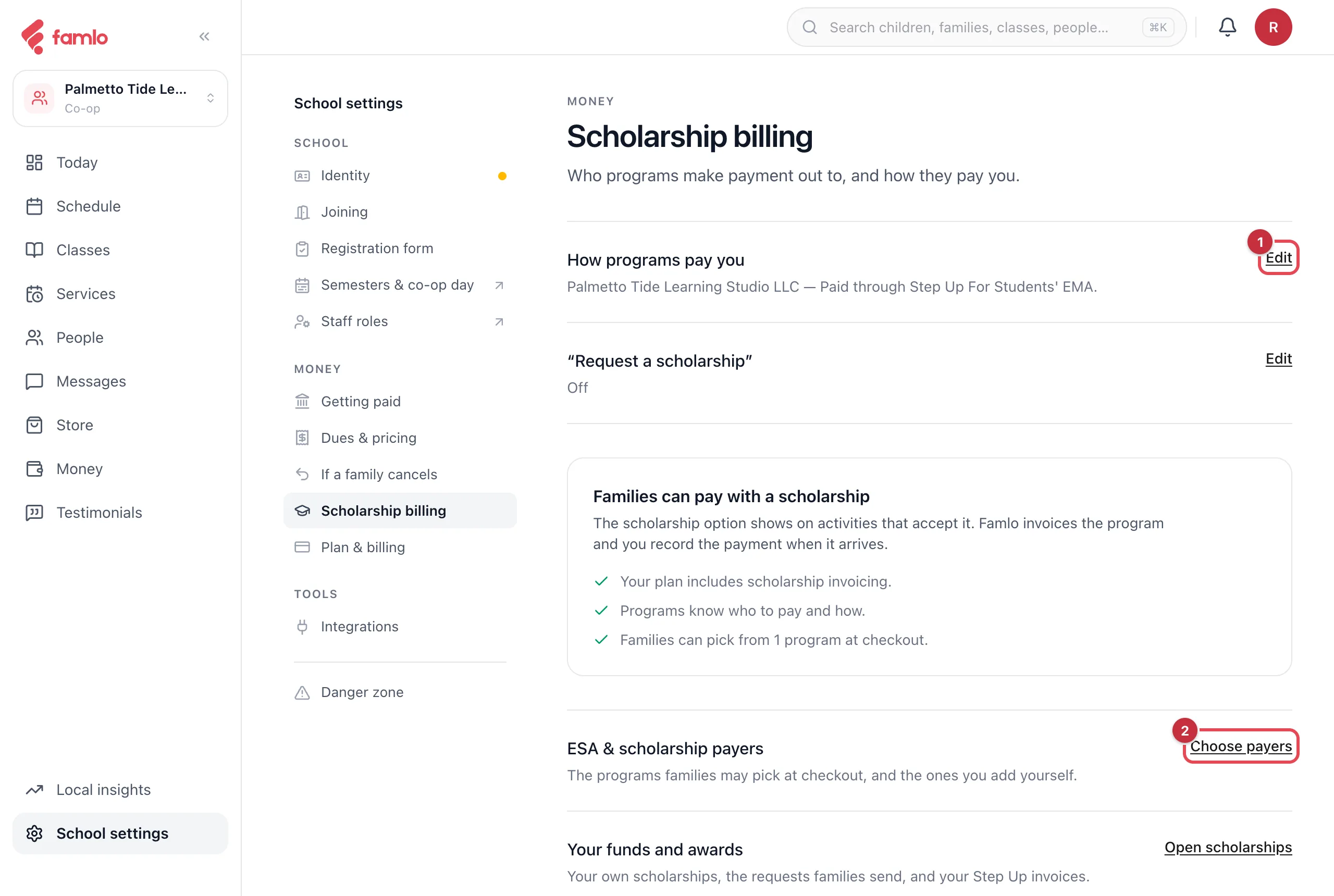 School settings, Scholarship billing, with the Edit link for How programs pay you and the Choose payers link highlighted, and a card reading Families can pay with a scholarship
