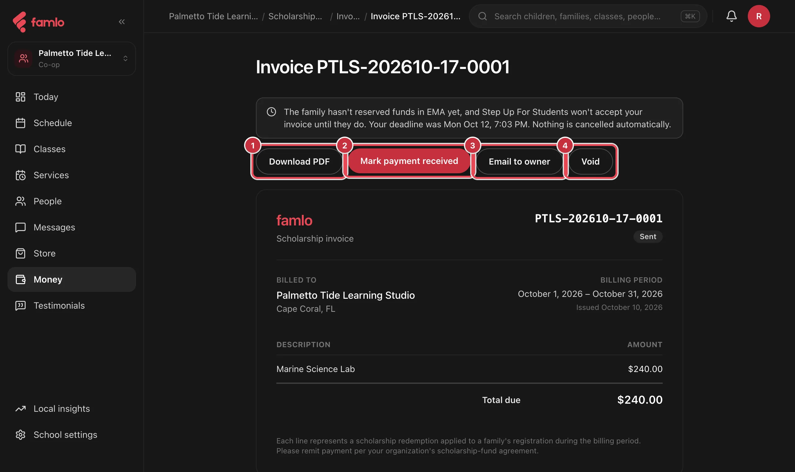 A Step Up invoice with the Download PDF, Mark payment received, Email to owner and Void buttons highlighted, above the invoice for one child's class