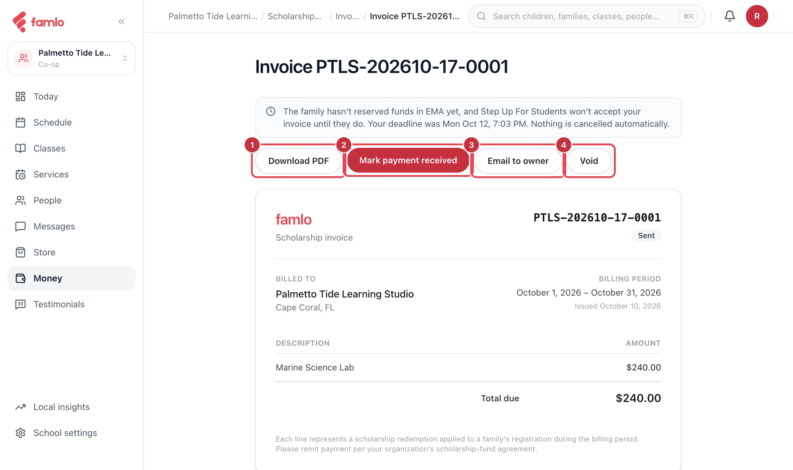 A Step Up invoice with the Download PDF, Mark payment received, Email to owner and Void buttons highlighted, above the invoice for one child's class
