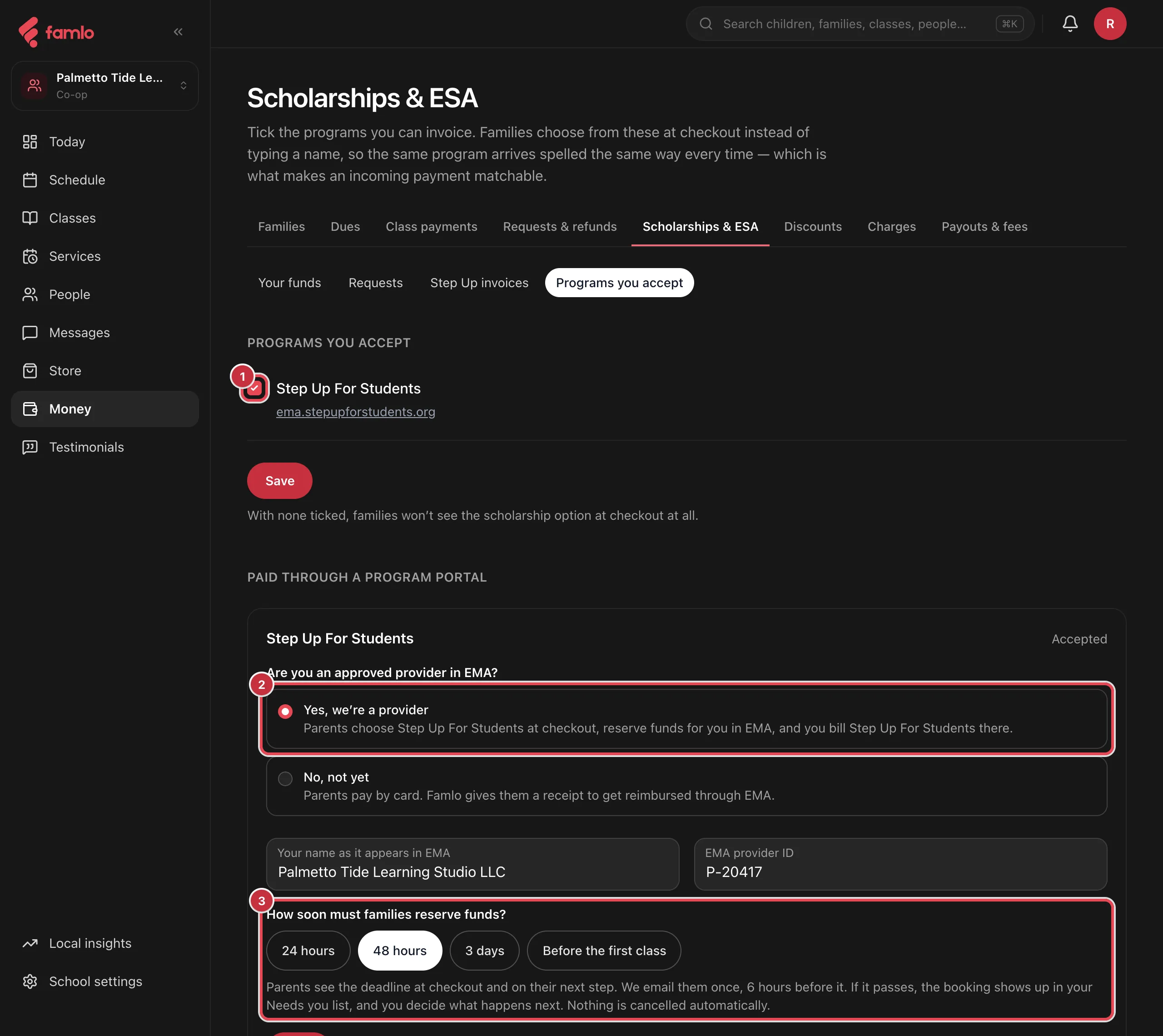 Programs you accept, with Step Up For Students ticked, Yes, we're a provider selected with an EMA name and provider ID, and the reserve-deadline choices highlighted