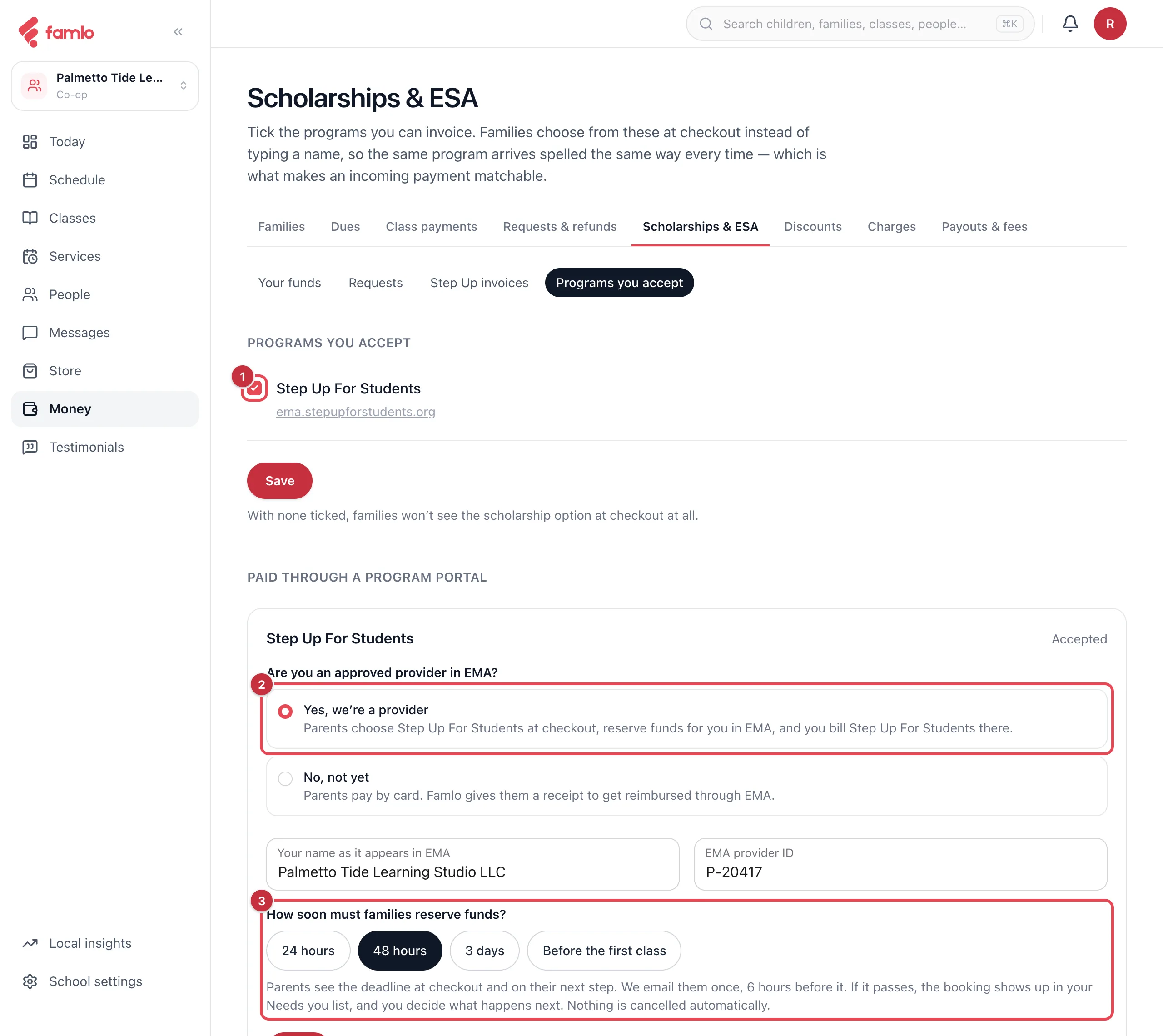 Programs you accept, with Step Up For Students ticked, Yes, we're a provider selected with an EMA name and provider ID, and the reserve-deadline choices highlighted