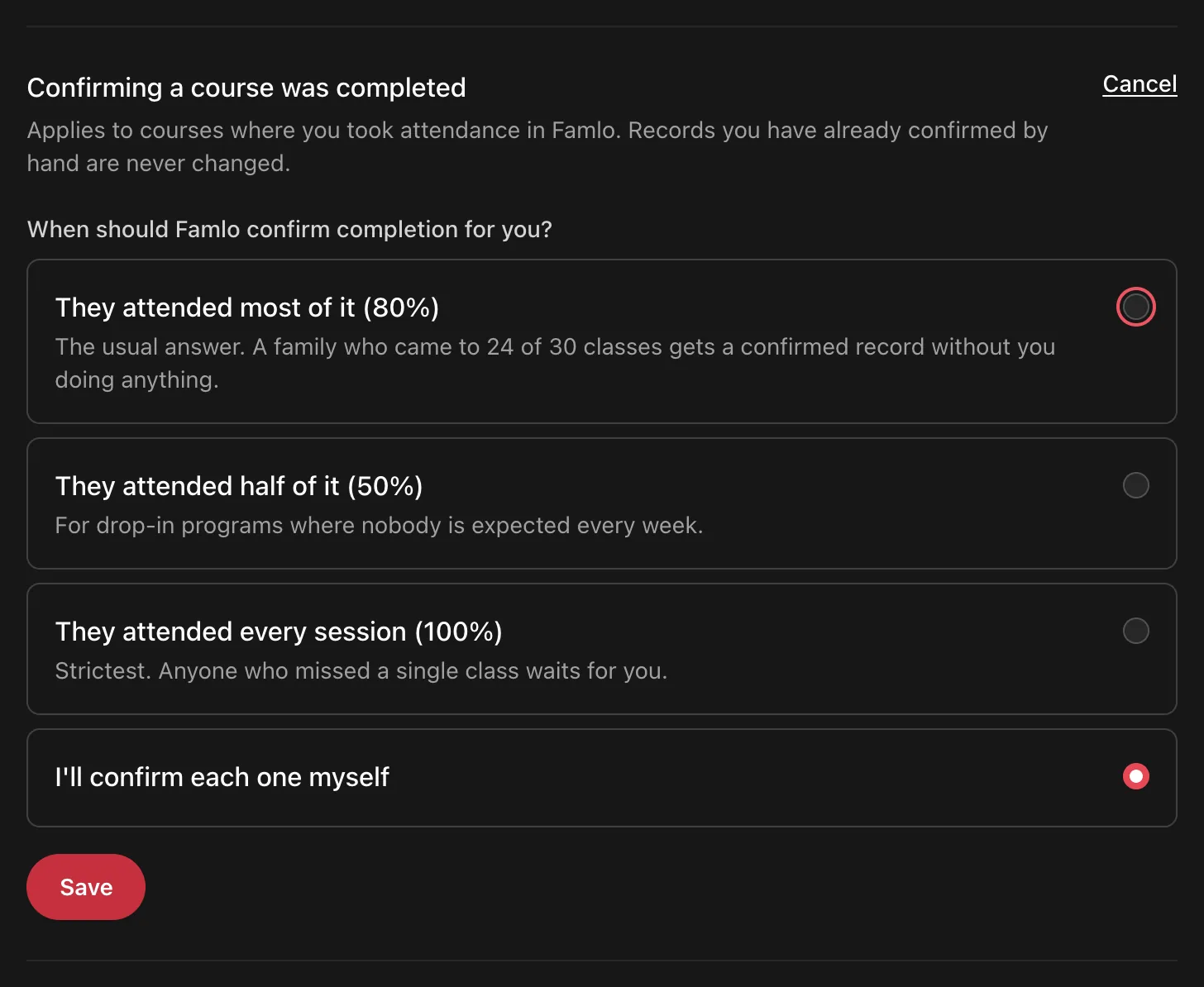 The Confirming a course was completed row, open, with the four options and the Save button