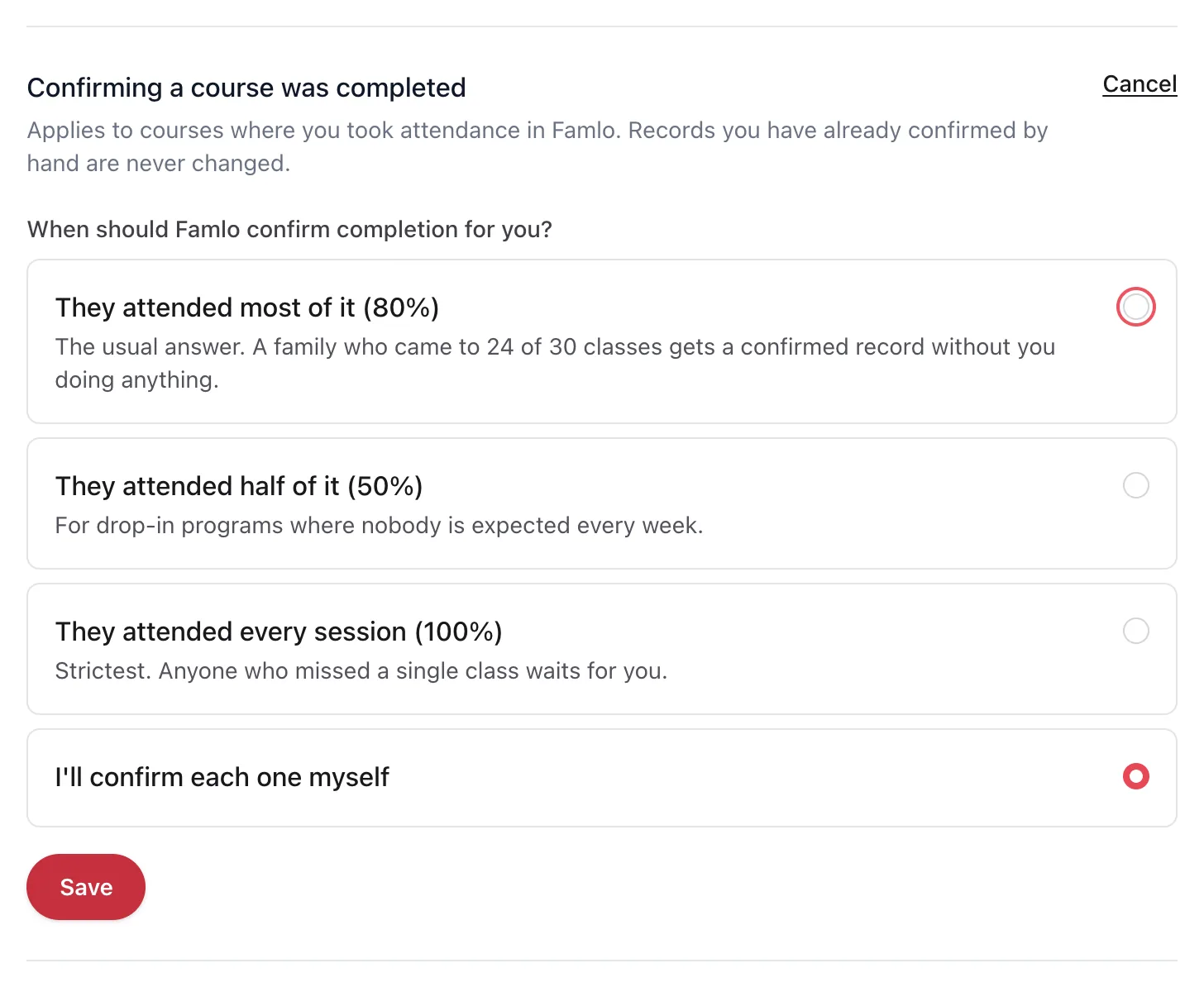 The Confirming a course was completed row, open, with the four options and the Save button