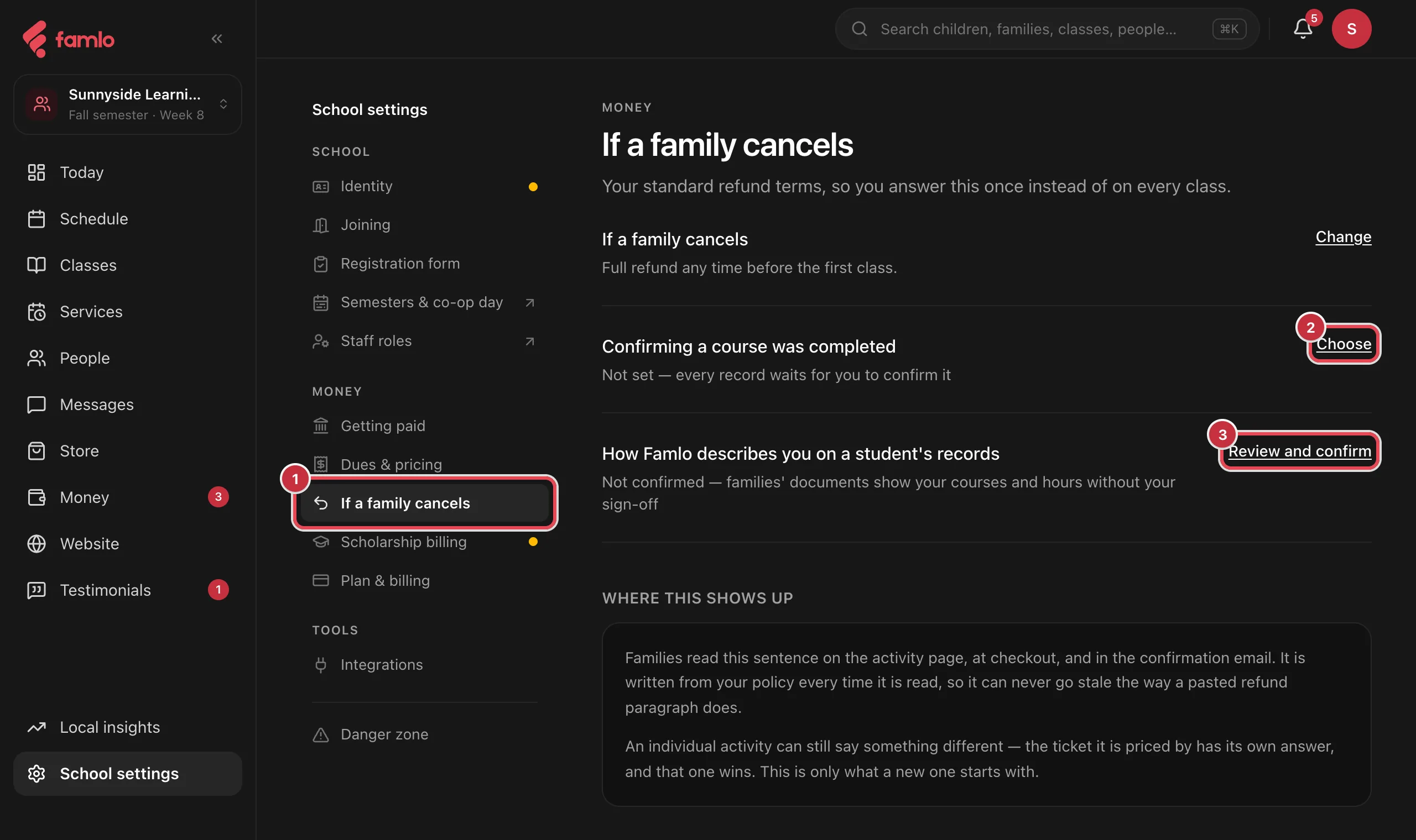 School settings with If a family cancels selected and the Choose and Review and confirm links highlighted
