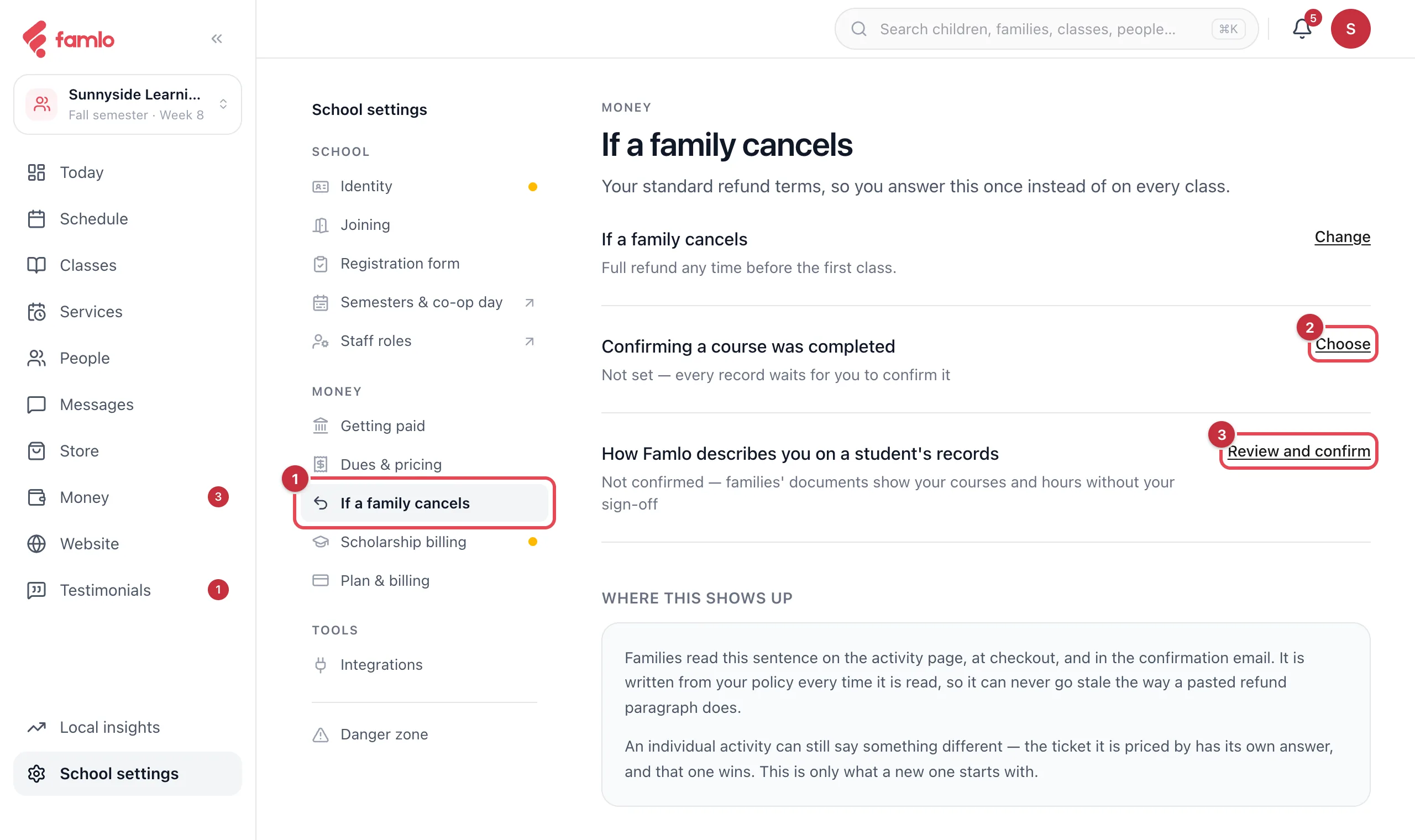 School settings with If a family cancels selected and the Choose and Review and confirm links highlighted