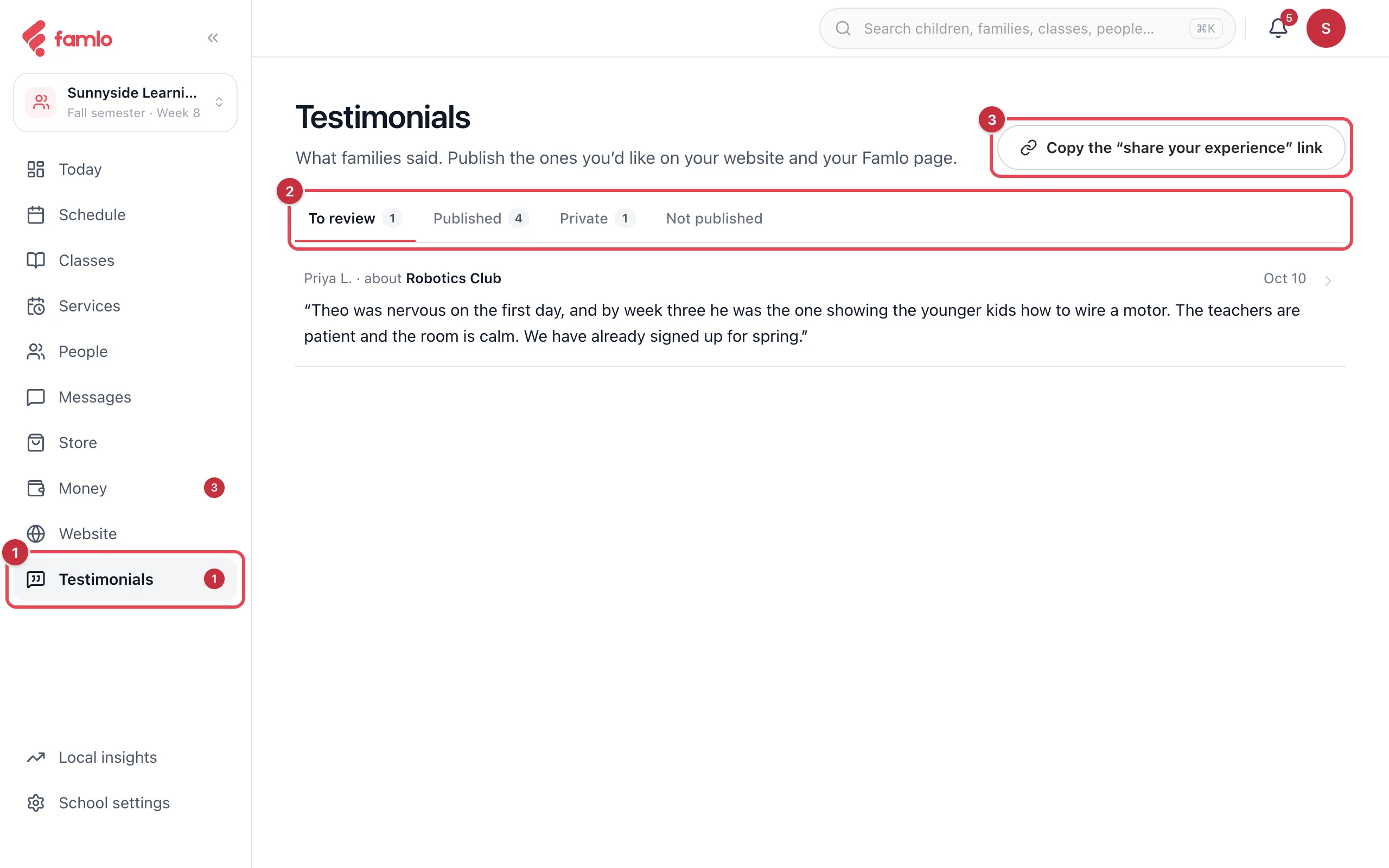 The Testimonials page with the Testimonials place, the four tabs and the Copy the share your experience link button highlighted