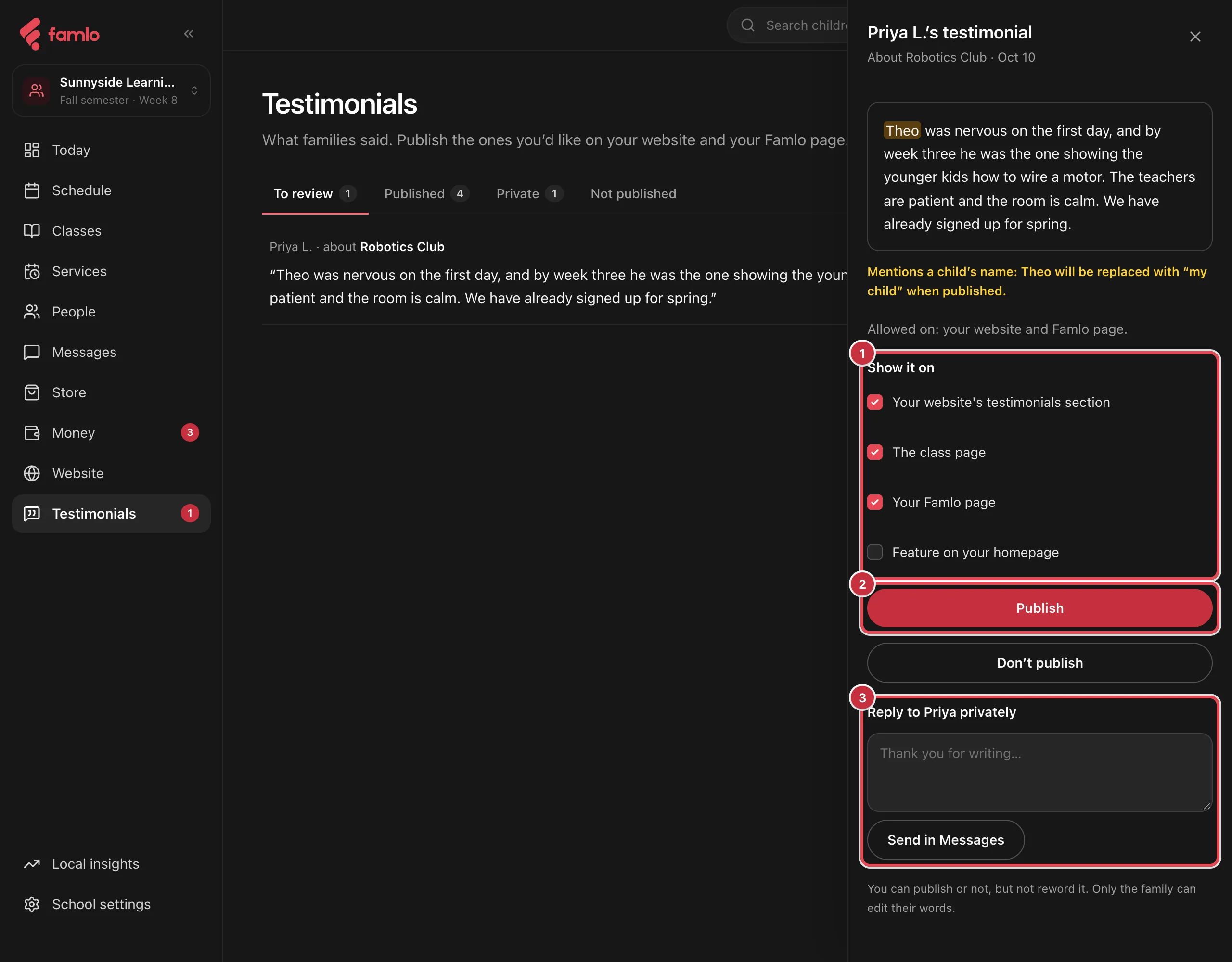 A testimonial open in the side panel, with the Show it on choices, the Publish button and the private reply box highlighted