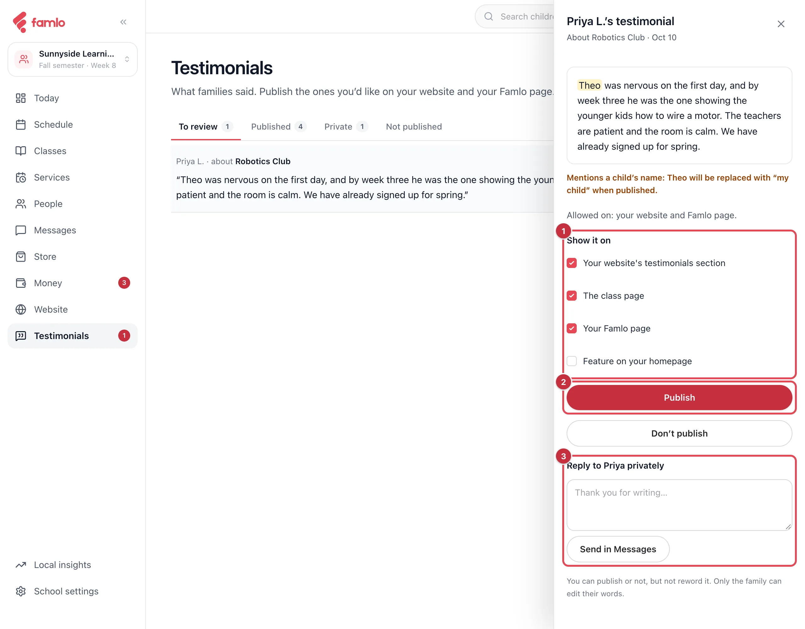 A testimonial open in the side panel, with the Show it on choices, the Publish button and the private reply box highlighted