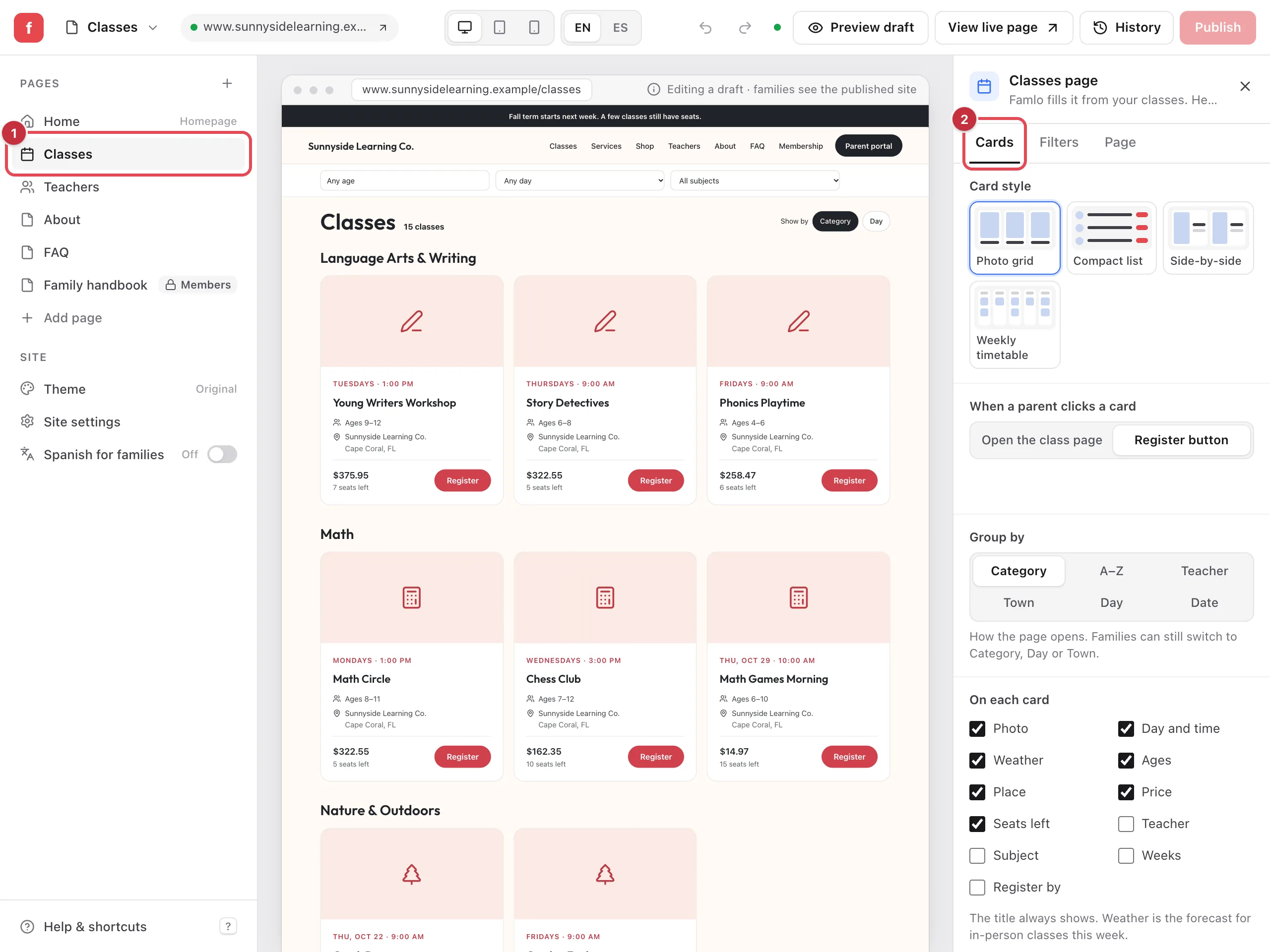The website editor on the Classes page, with Classes highlighted in the page list and the Cards tab highlighted in the Classes page panel, showing Card style, When a parent clicks a card, Group by and On each card