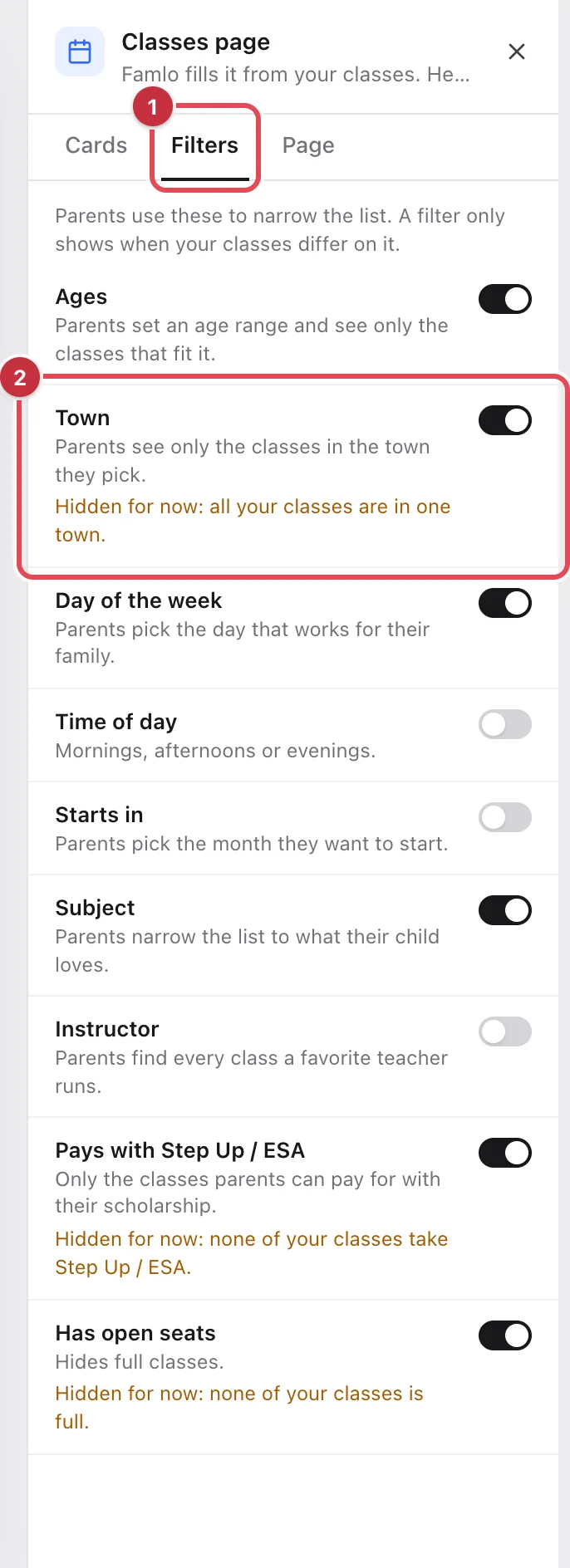 The Filters tab of the Classes page panel, with the Town filter highlighted and its line Hidden for now: all your classes are in one town