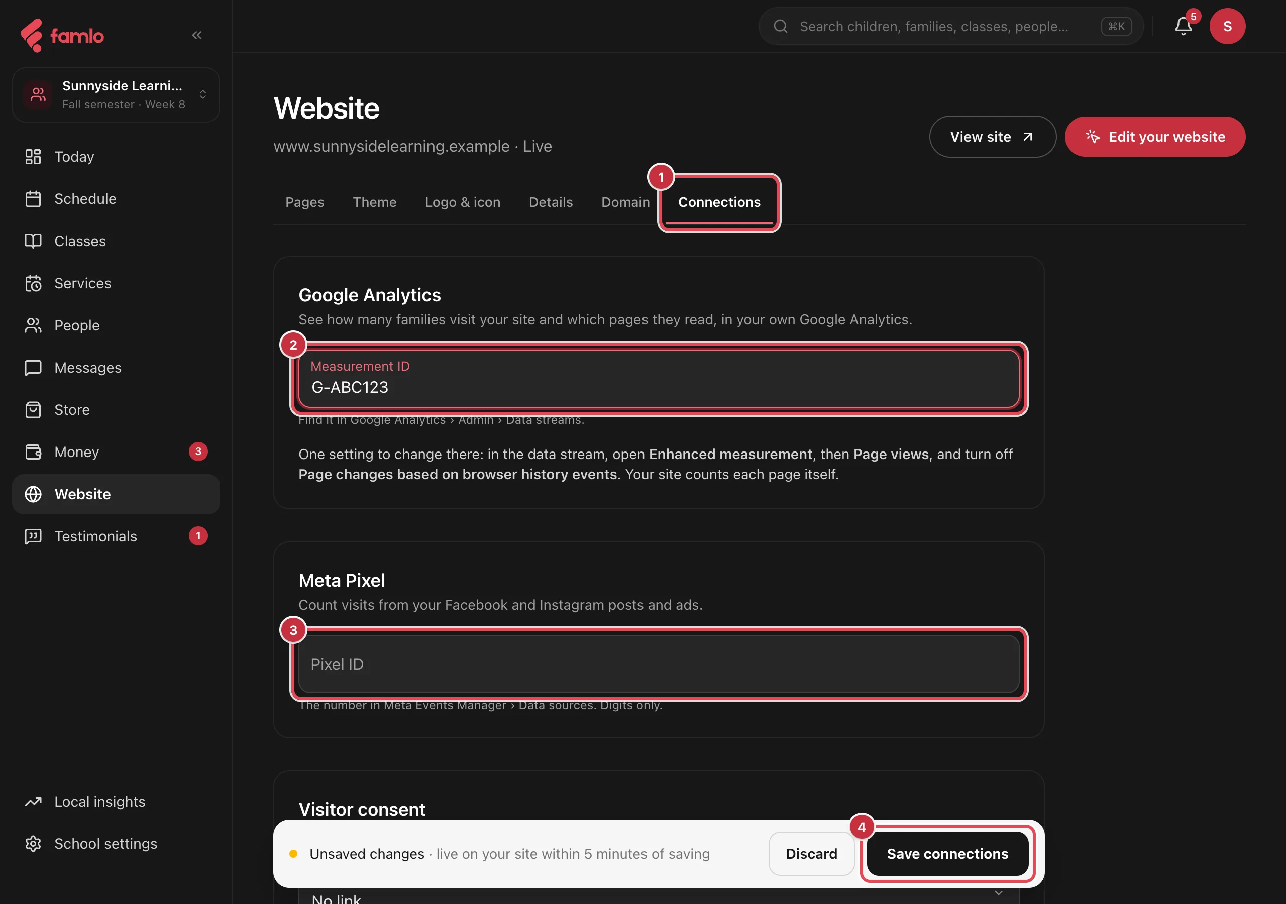 The Connections tab with the Connections tab as 1, the Measurement ID field as 2, the Pixel ID field as 3 and Save connections in the unsaved changes bar as 4