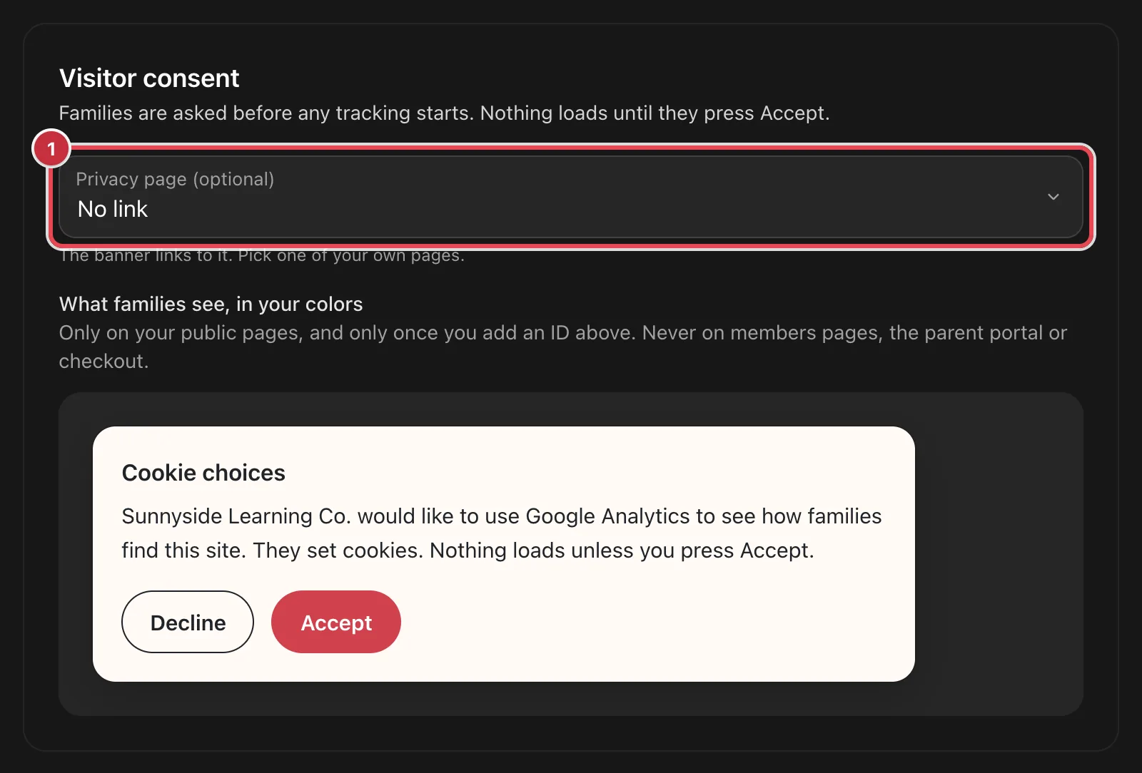 The Visitor consent card with the Privacy page (optional) list as 1, above a preview of the Cookie choices banner with Decline and Accept