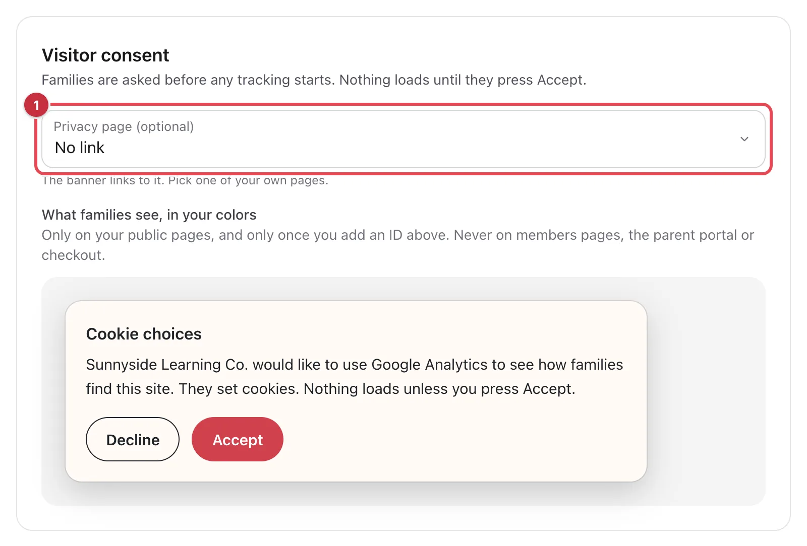 The Visitor consent card with the Privacy page (optional) list as 1, above a preview of the Cookie choices banner with Decline and Accept