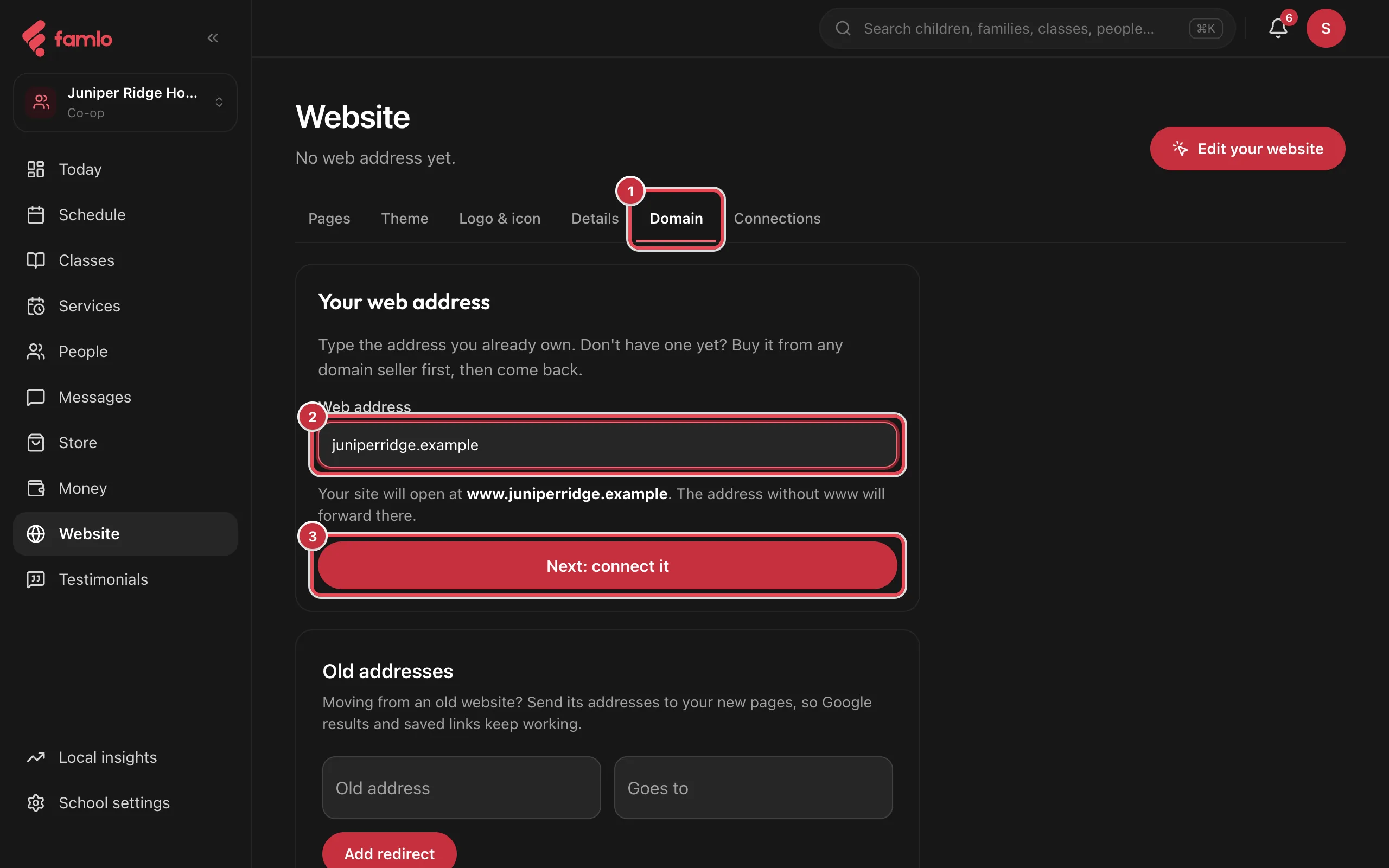 Website › Domain with the Domain tab as 1, the Web address field filled in with juniperridge.example as 2, and Next: connect it as 3