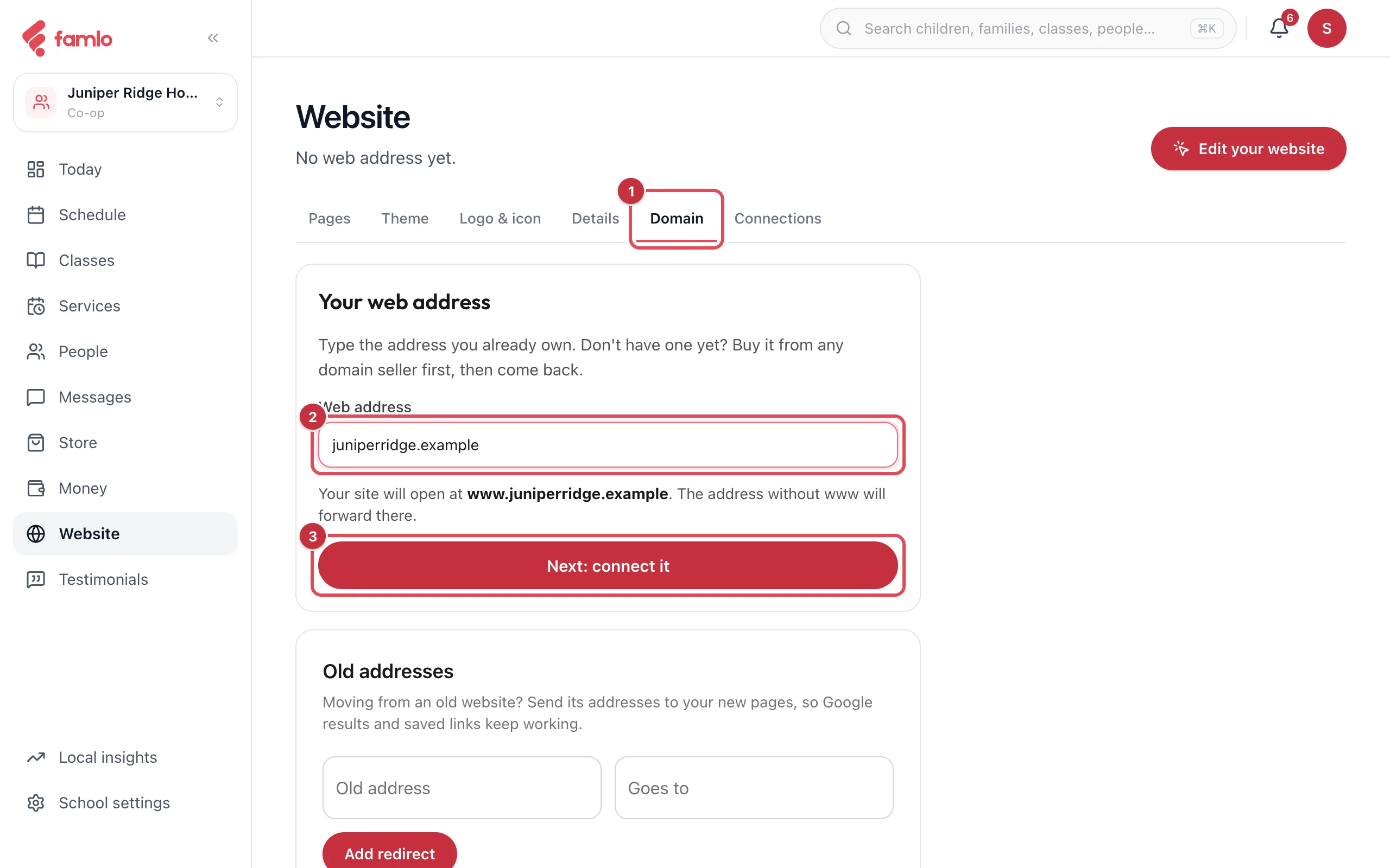 Website › Domain with the Domain tab as 1, the Web address field filled in with juniperridge.example as 2, and Next: connect it as 3