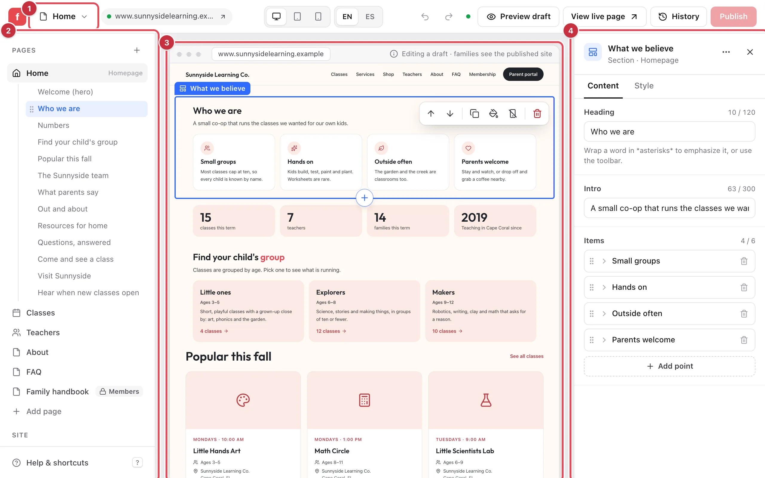 The website editor with the page switcher in the top bar as 1, the Pages list on the left as 2, the homepage draft in the middle as 3, and the panel for the selected section on the right as 4