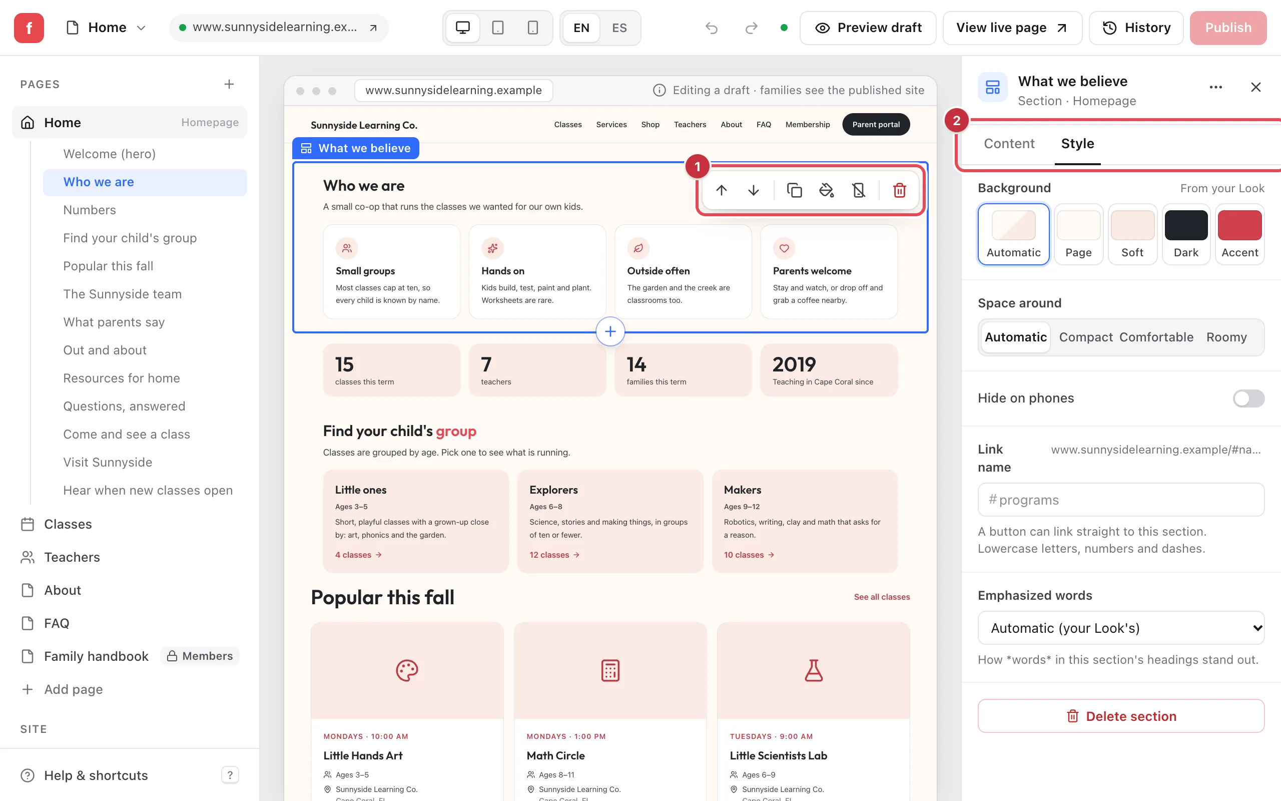 A selected section in the website editor, with its toolbar of move, duplicate, background, hide on phones and delete buttons as 1, and the panel's Content and Style tabs as 2, showing the Style tab