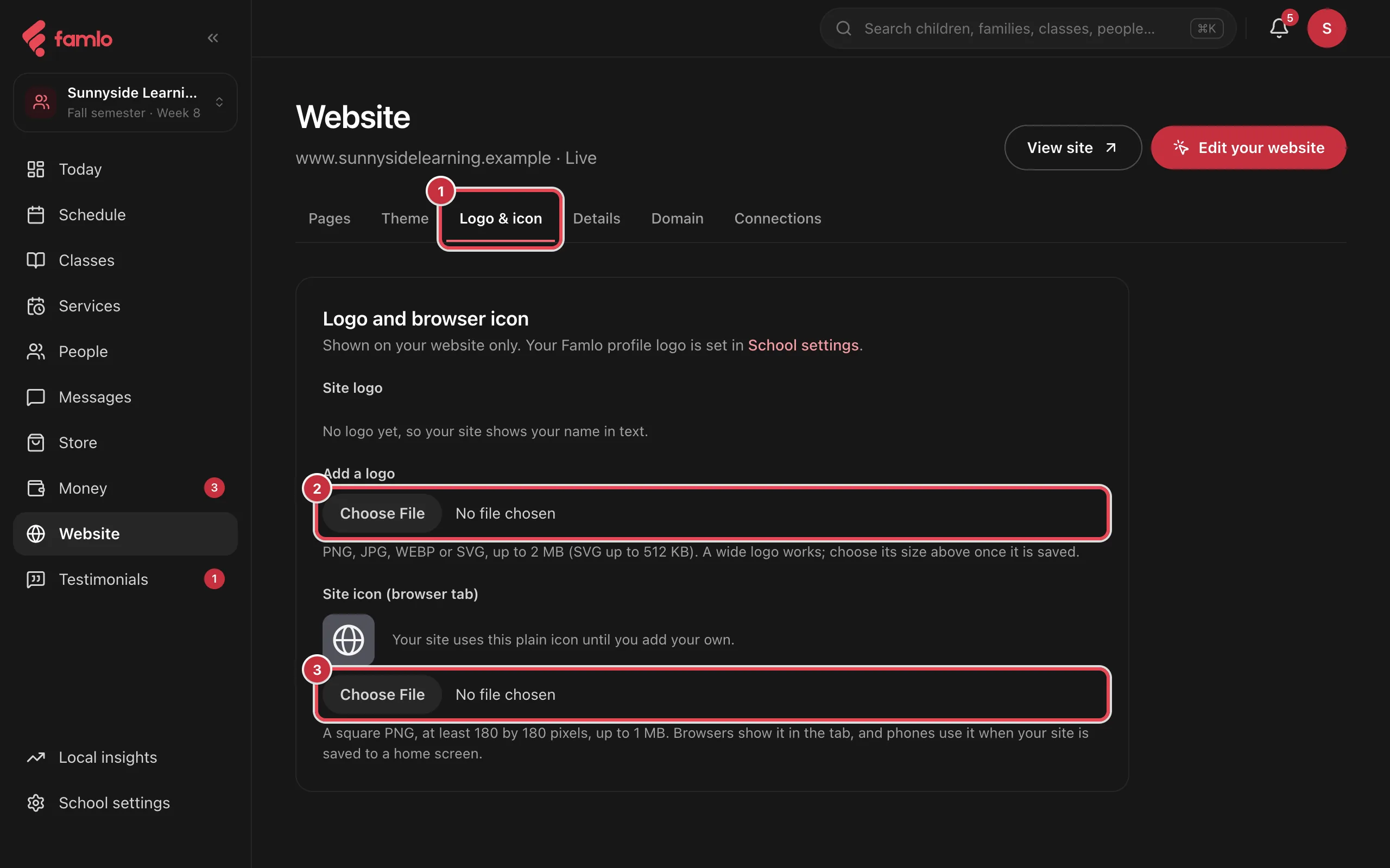 The Logo & icon tab with no logo yet, with the Logo & icon tab as 1, the Add a logo file picker as 2 and the site icon file picker as 3