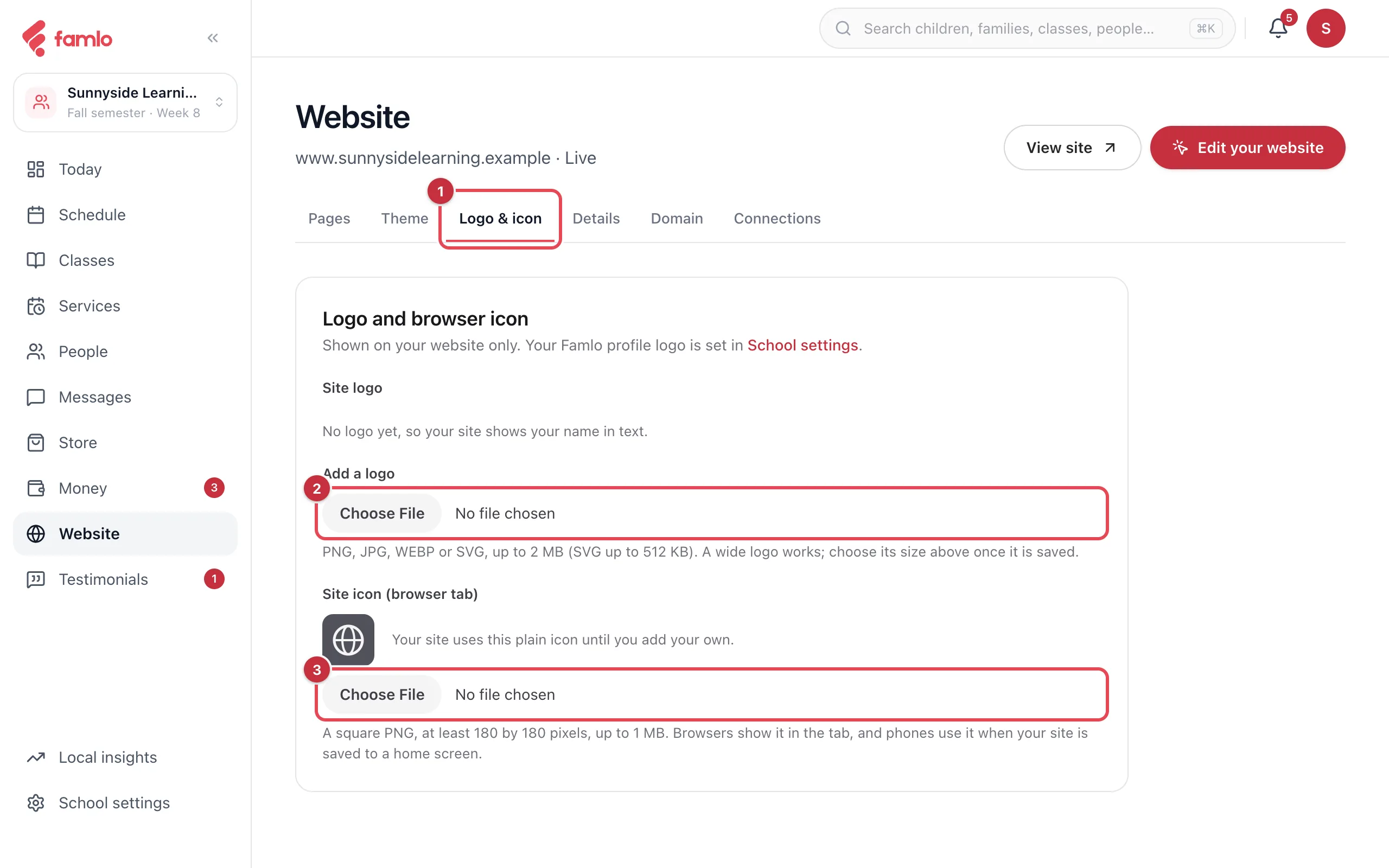 The Logo & icon tab with no logo yet, with the Logo & icon tab as 1, the Add a logo file picker as 2 and the site icon file picker as 3