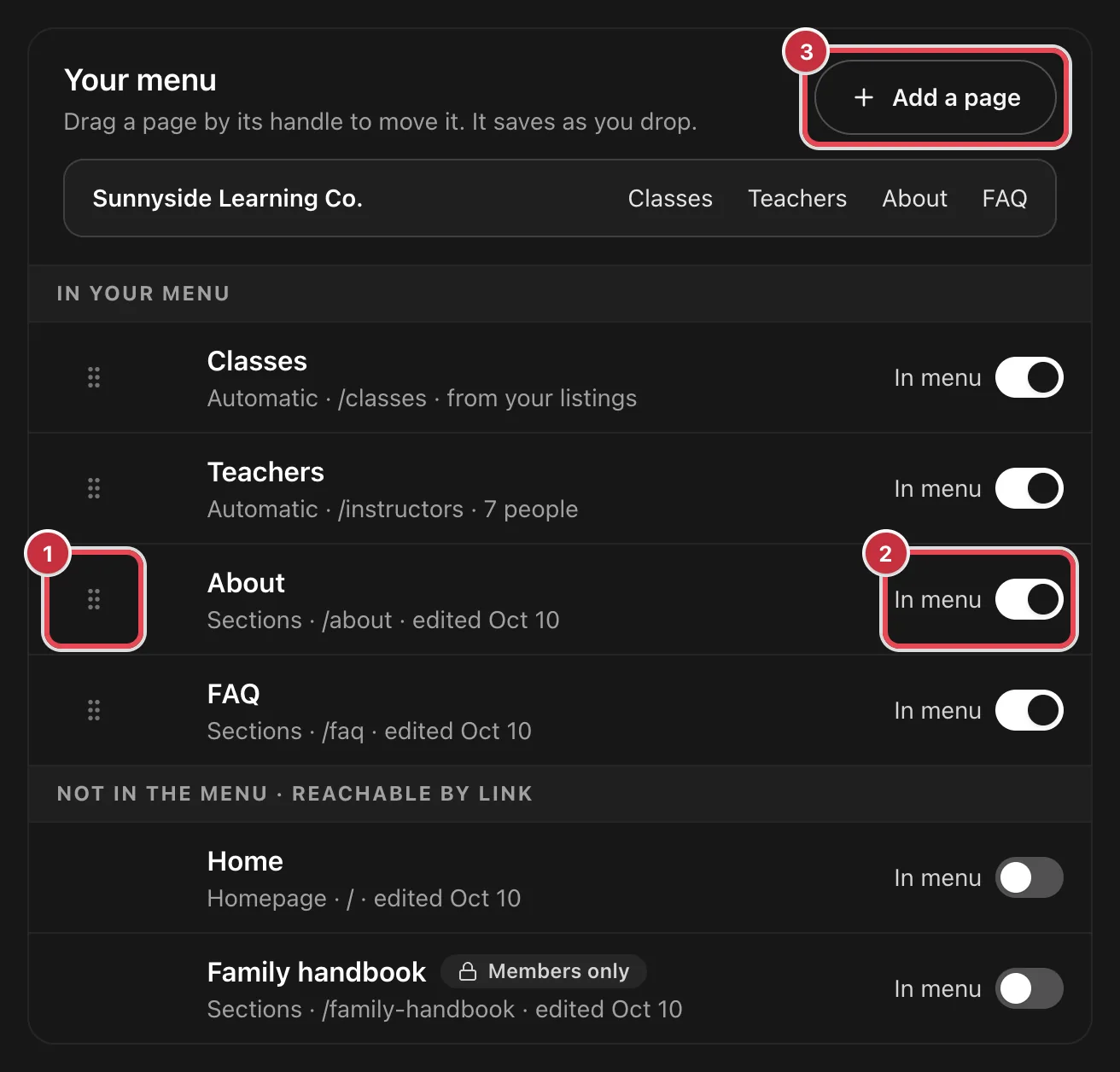 The Your menu card on Website › Pages, with the About page's drag handle as 1, its In menu switch as 2, and the Add a page button as 3