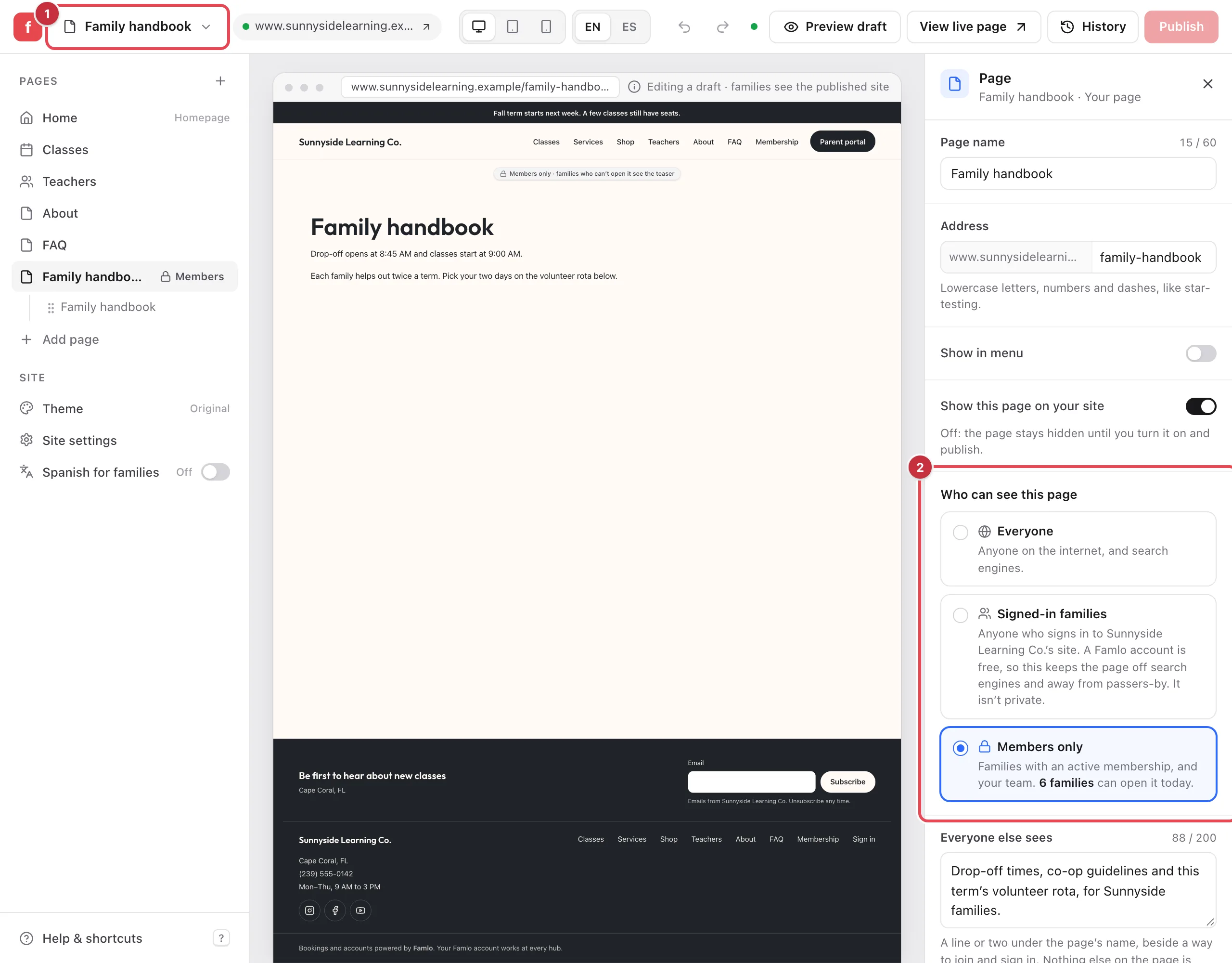 The website editor on a page called Family handbook, with the page menu as 1 and the Who can see this page choices as 2, showing Everyone, Signed-in families, and Members only selected
