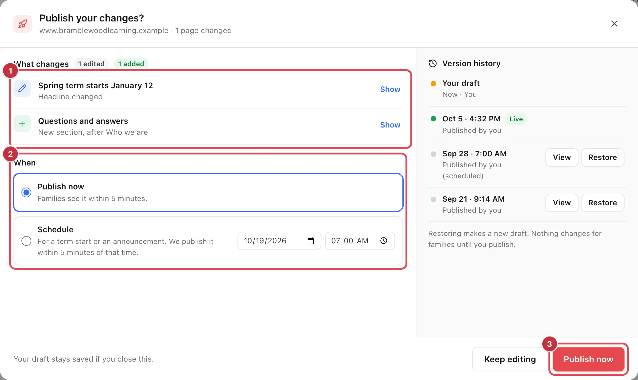 The Publish your changes? dialog, with the What changes list, the When choices and the Publish now button highlighted, and Version history on the right