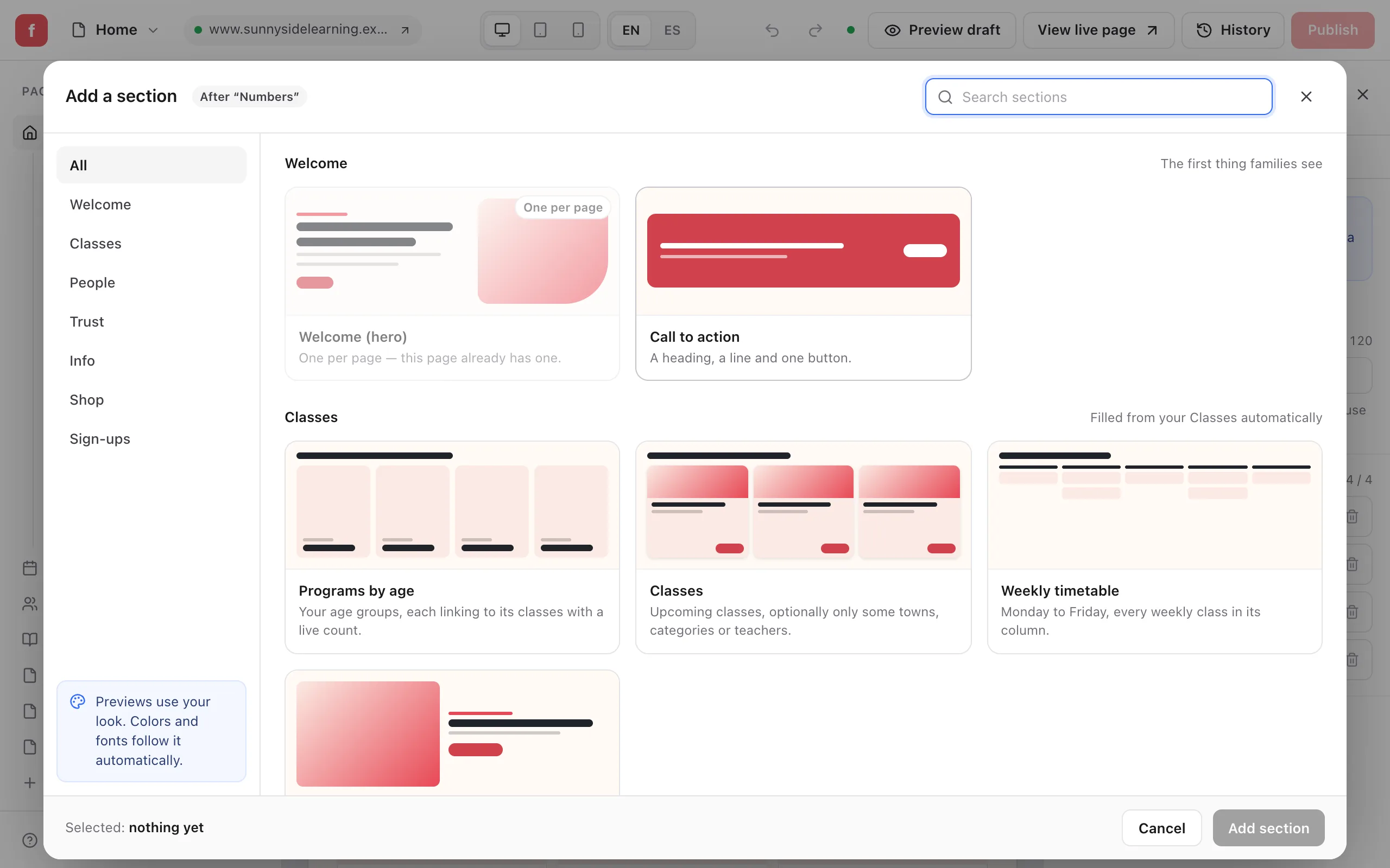 The Add a section window, with the groups All, Welcome, Classes, People, Trust, Info, Shop and Sign-ups on the left, a Search sections box, and section cards such as Welcome (hero), marked One per page, Call to action, Programs by age, Classes and Weekly timetable