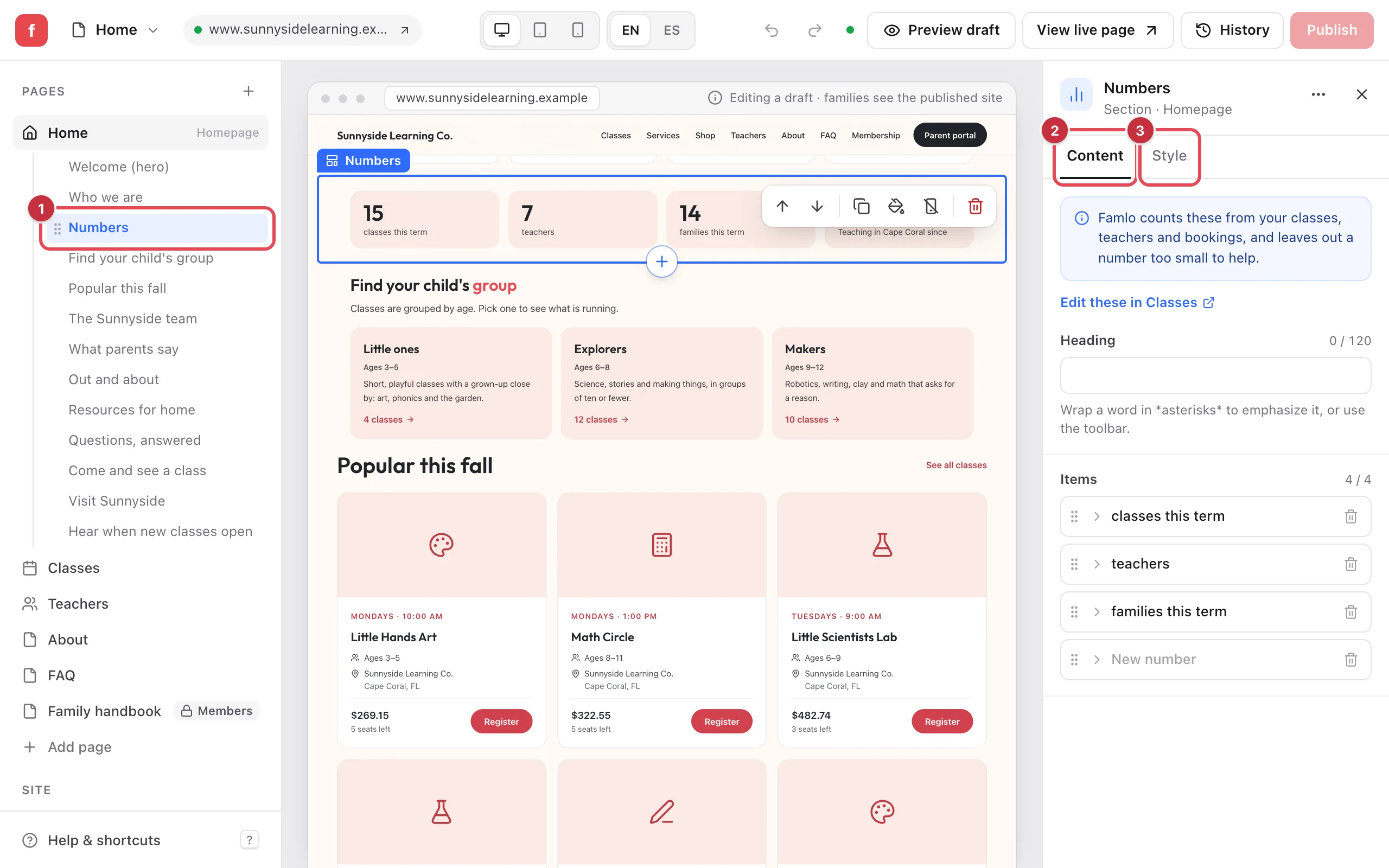 The website editor with the Numbers section selected in the page list as 1, and the Content tab as 2 and the Style tab as 3 in the right-hand panel, which shows the note that Famlo counts these numbers, a Heading field and four number rows
