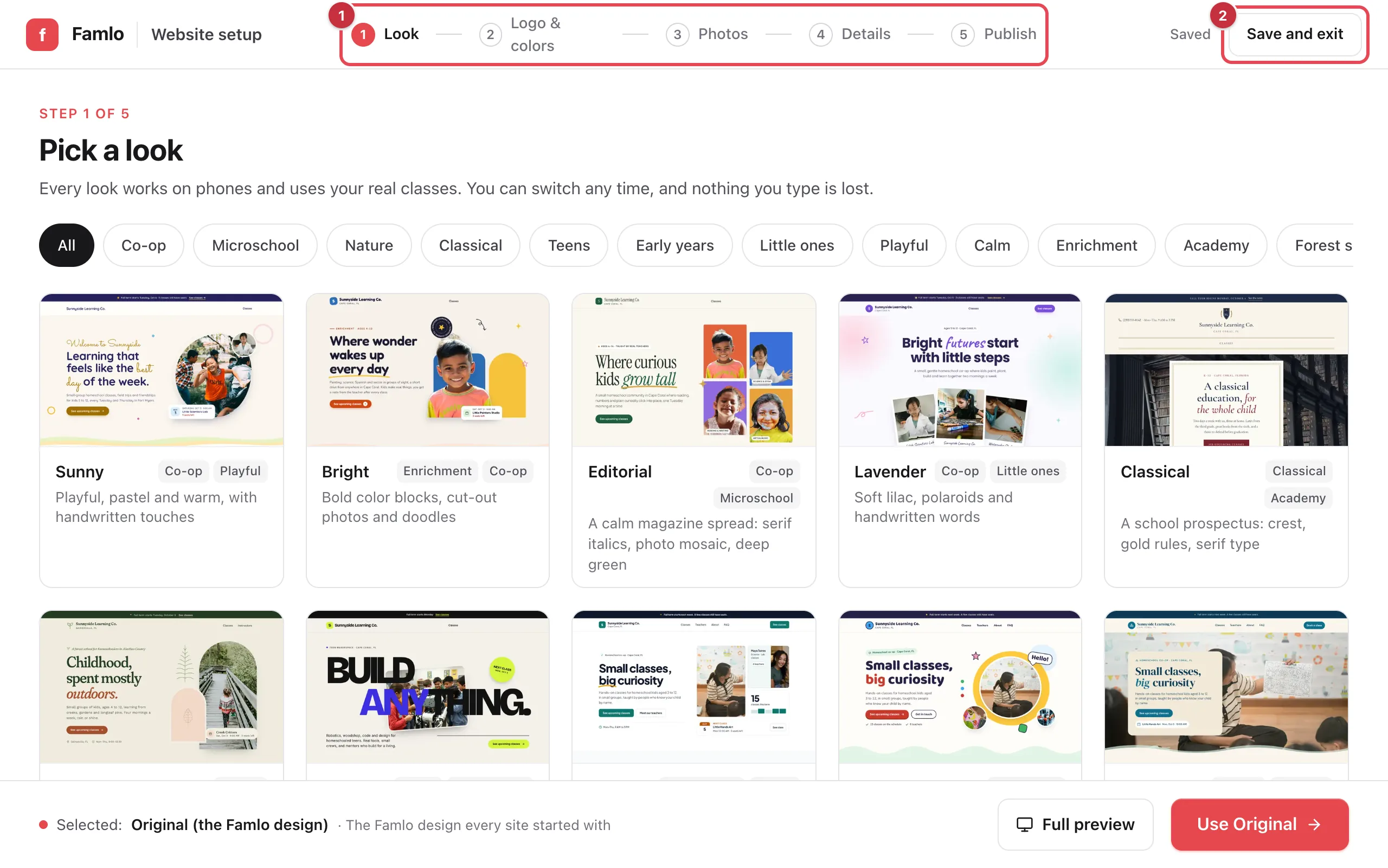 Step 1 of website setup, Pick a look, with the five steps and the Save and exit button highlighted in the top bar