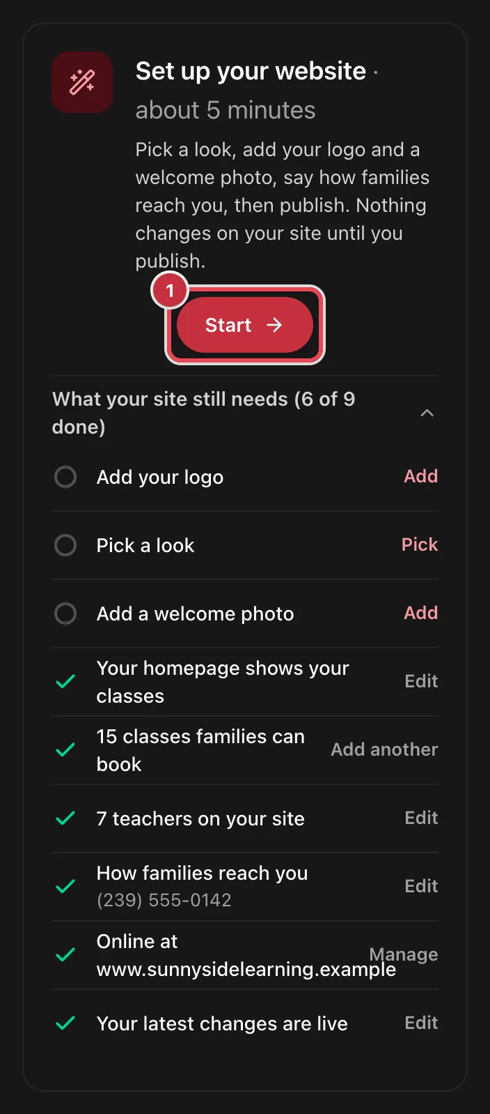 The Set up your website card with the Start button highlighted and the list of what the site still needs open below it