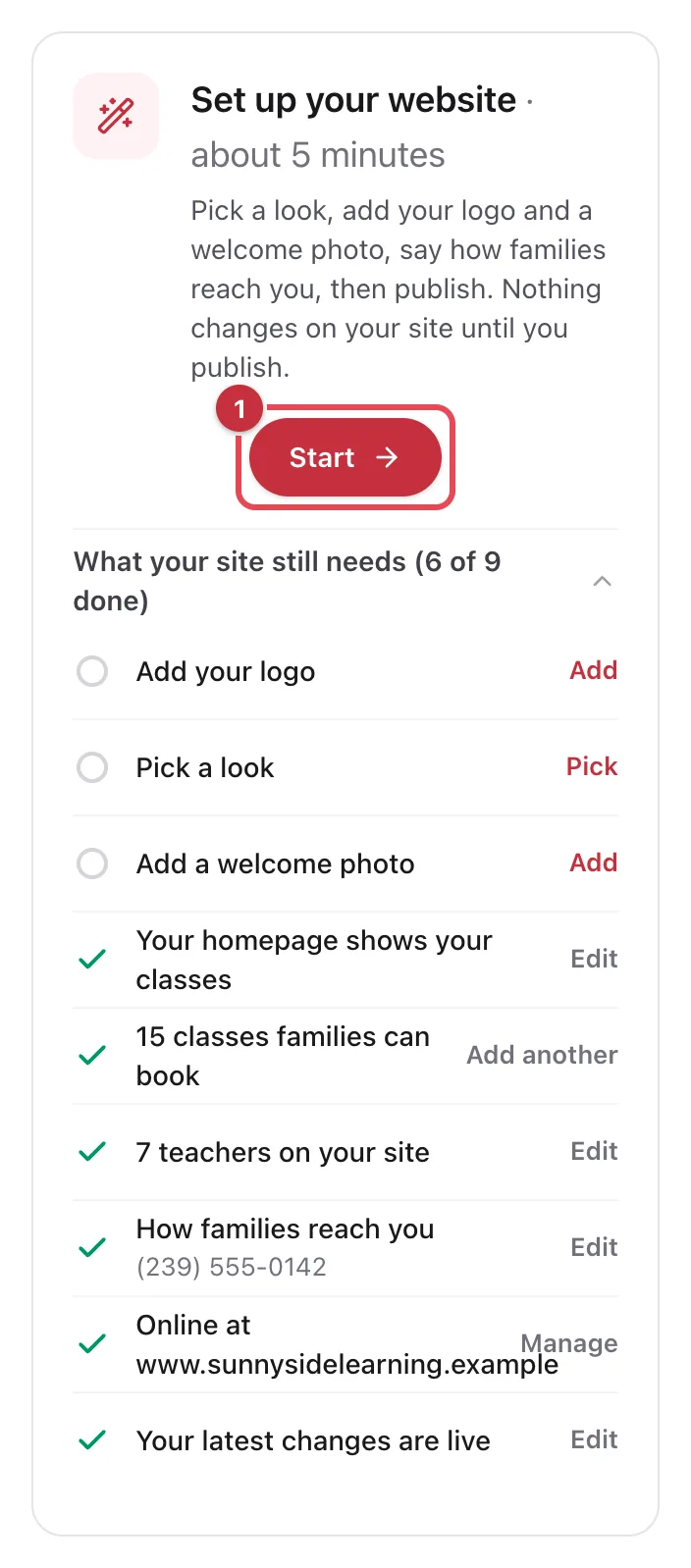 The Set up your website card with the Start button highlighted and the list of what the site still needs open below it