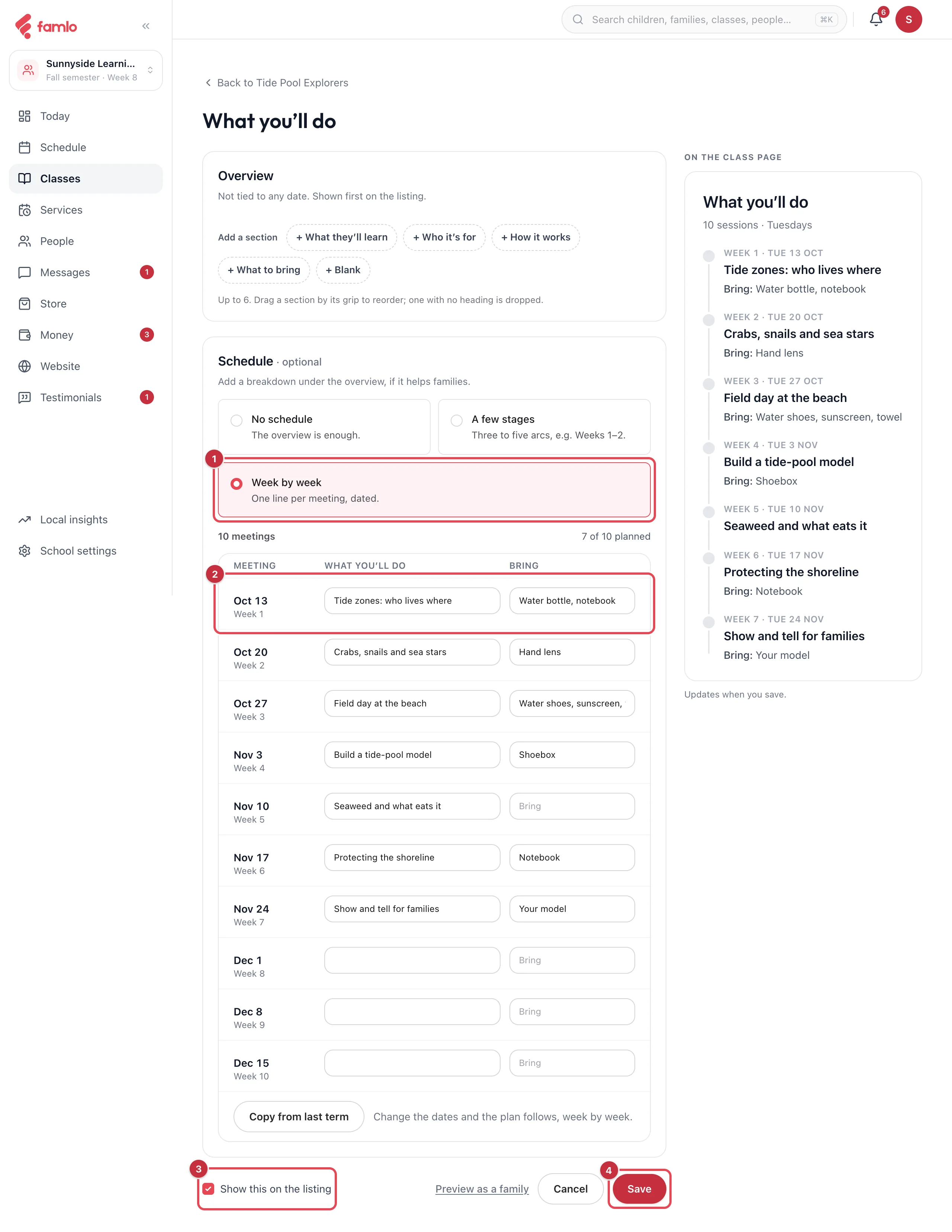 The What you'll do page with Week by week chosen, ten dated meeting rows, Copy from last term, Show this on the listing and the Save button