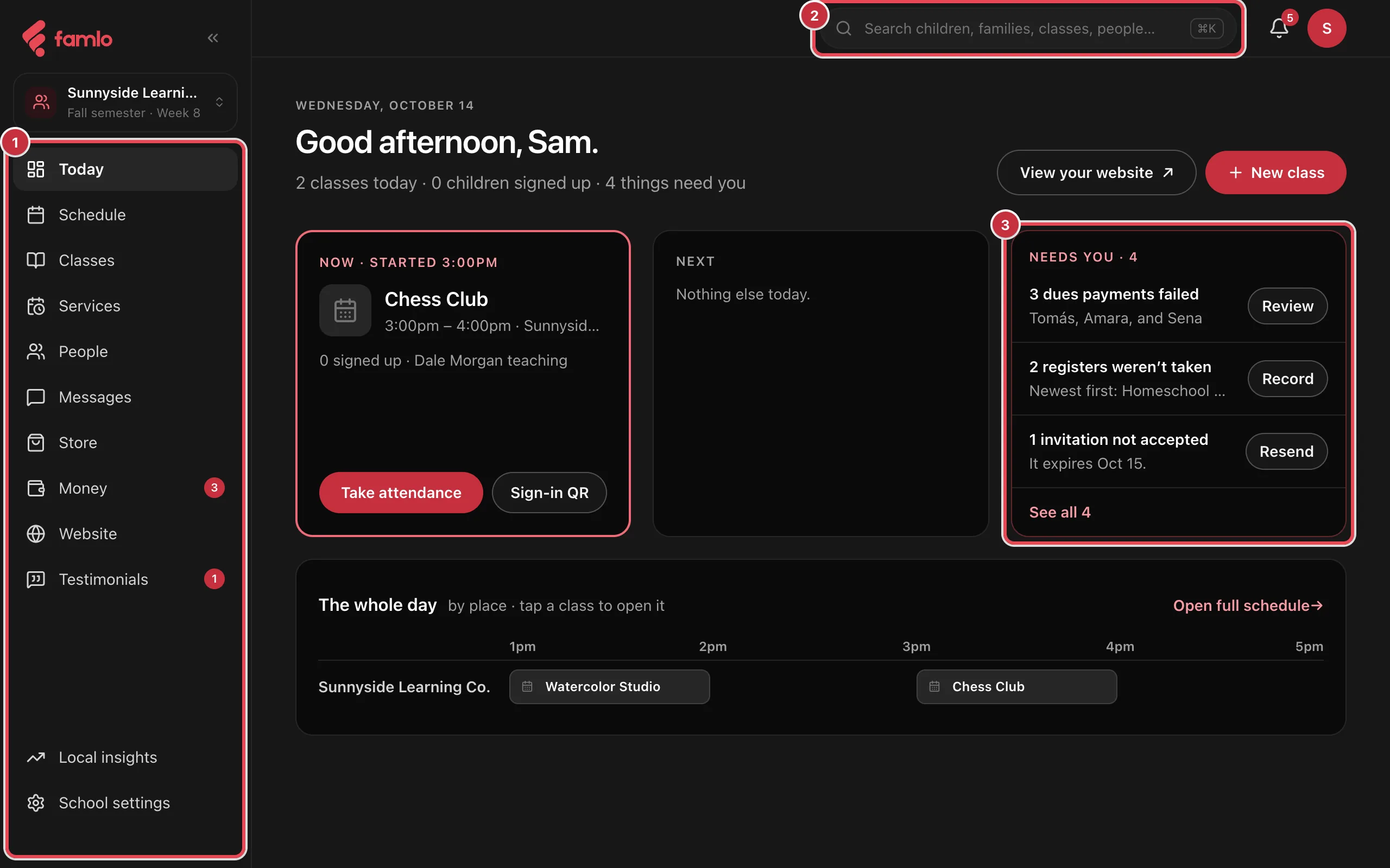 Today in the console with the rail, the search field and the Needs you card highlighted