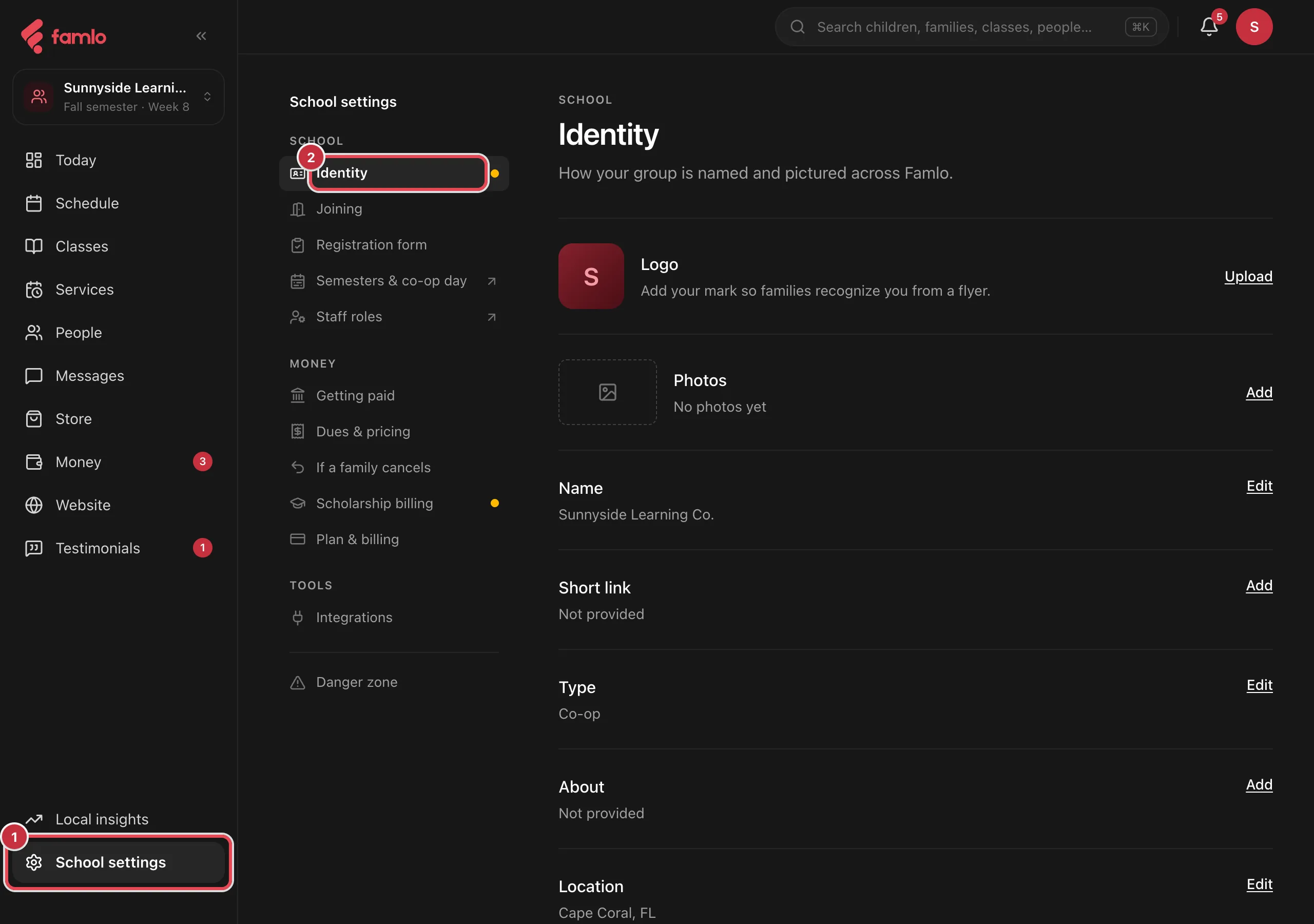 School settings with the Identity section open, showing the Logo, Photos, Name, Short link, Type, About and Location rows, with School settings and Identity highlighted