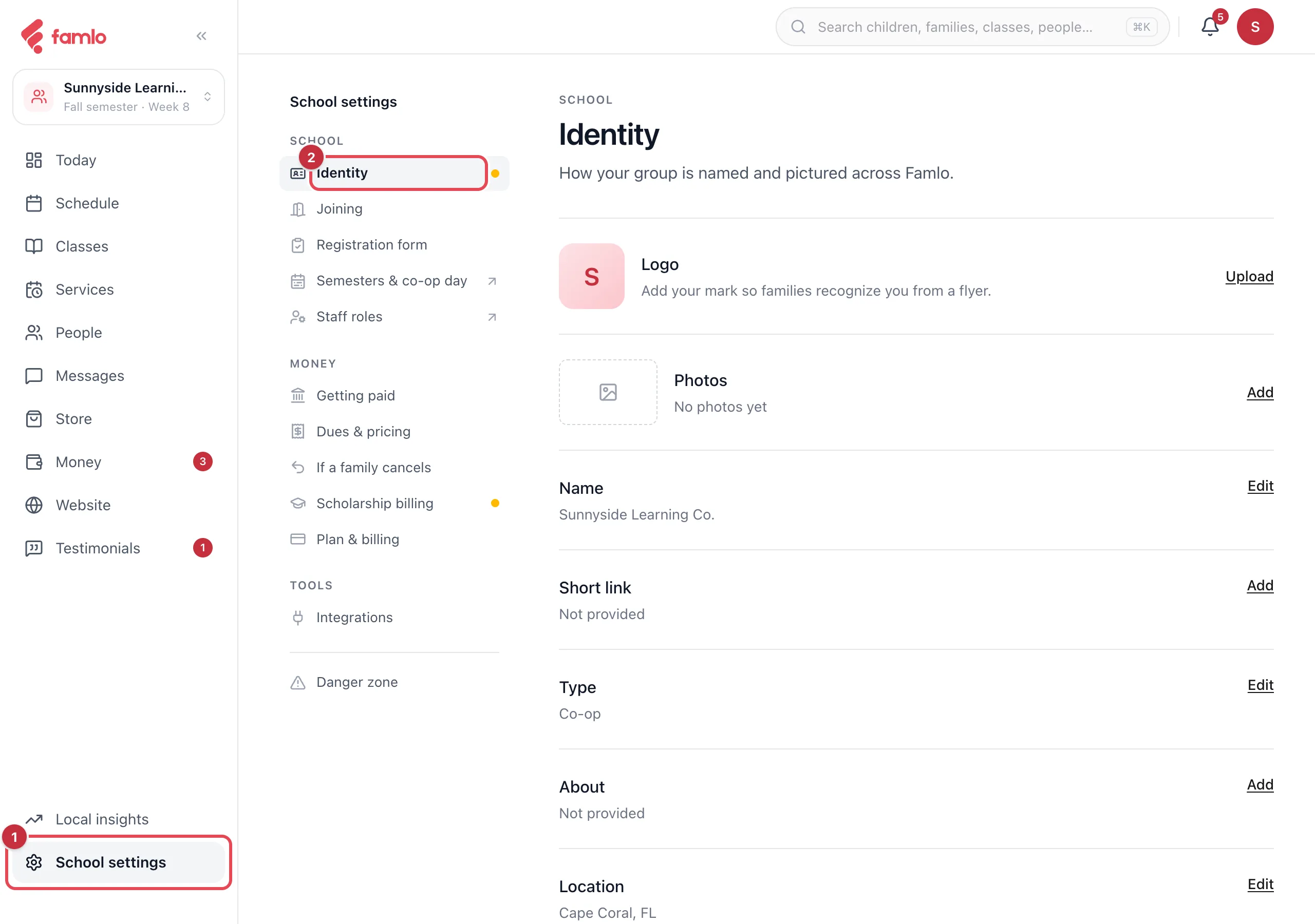 School settings with the Identity section open, showing the Logo, Photos, Name, Short link, Type, About and Location rows, with School settings and Identity highlighted