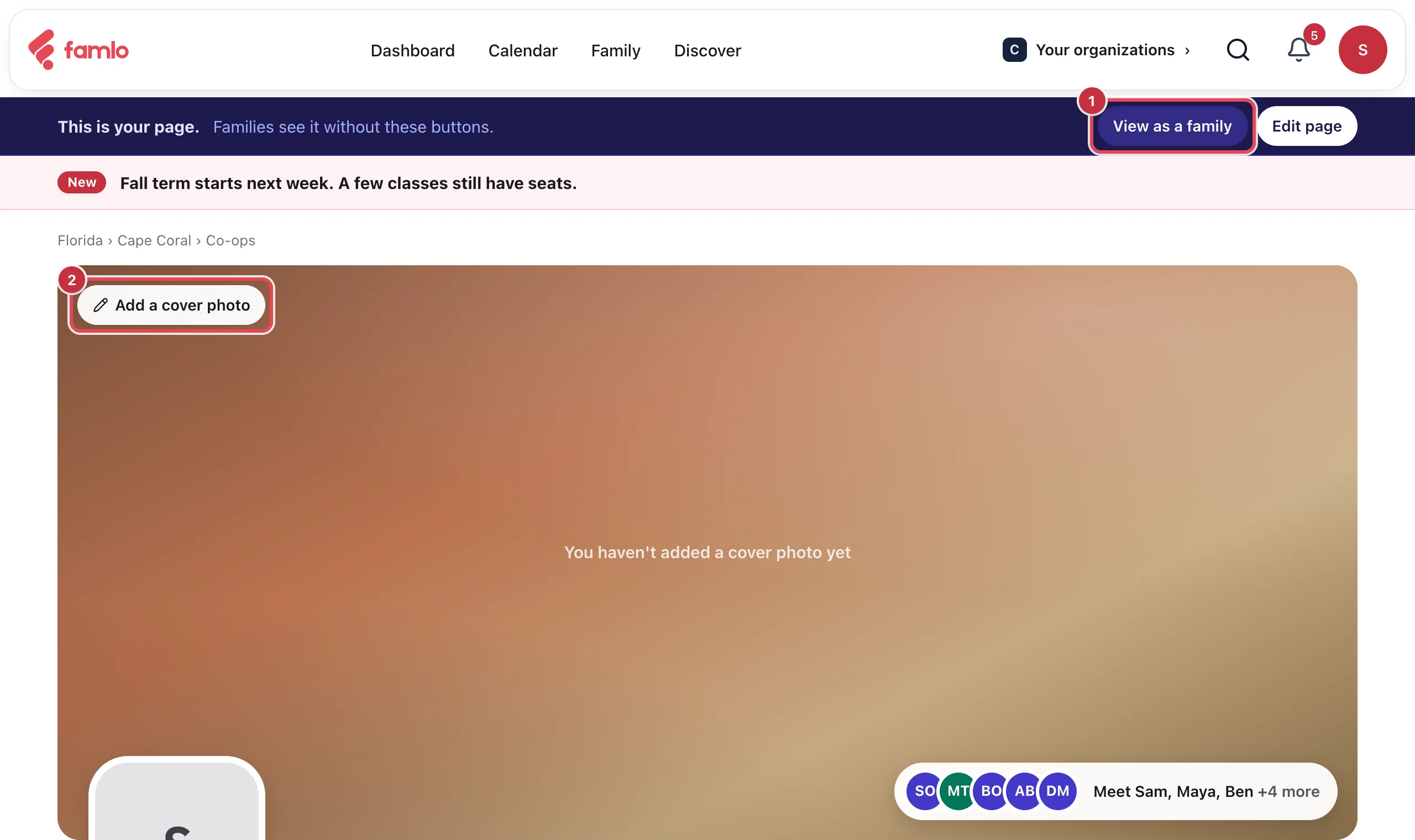 An organization's public page with the bar This is your page, the View as a family button highlighted, and the Add a cover photo button highlighted on the cover