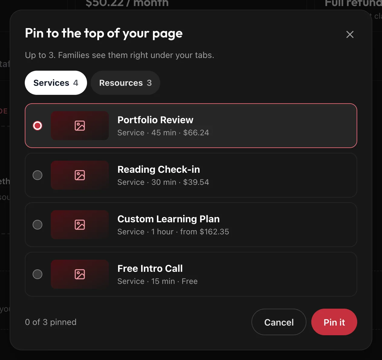 The Pin to the top of your page dialog with Classes, Services and Resources tabs, two classes to choose from, 0 of 3 pinned, and Cancel and Pin it buttons