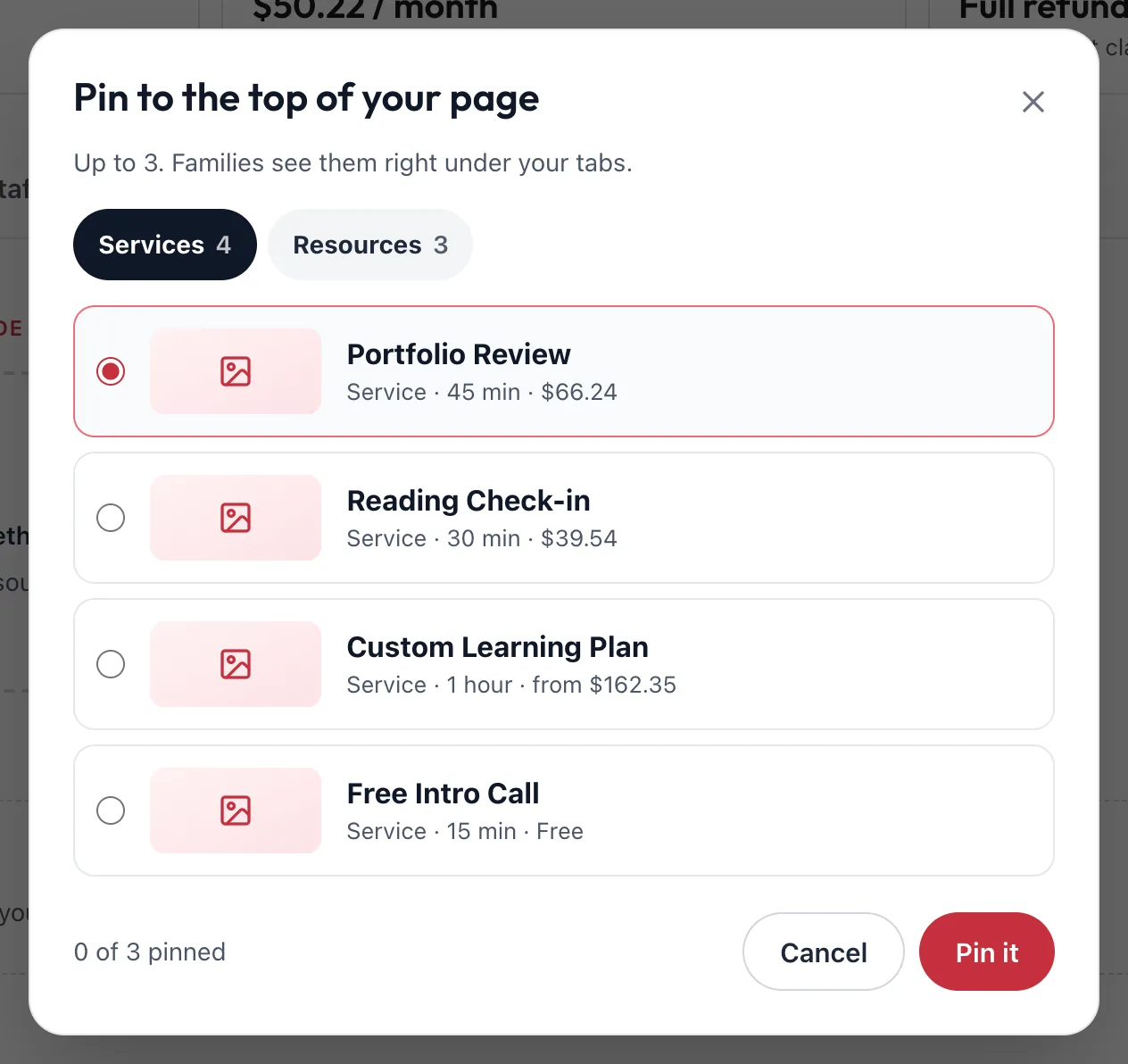 The Pin to the top of your page dialog with Classes, Services and Resources tabs, two classes to choose from, 0 of 3 pinned, and Cancel and Pin it buttons
