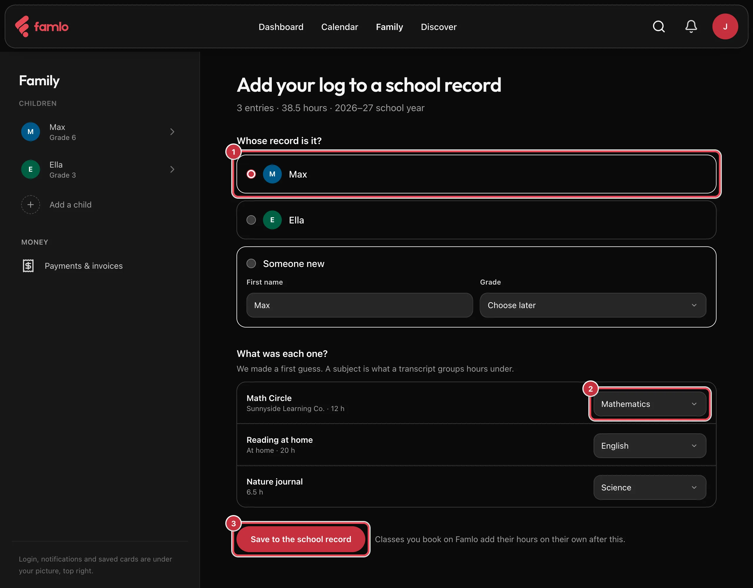 The Add your log to a school record page for 3 entries and 38.5 hours, with Max selected under Whose record is it?, the Mathematics subject for Math Circle, and Save to the school record highlighted