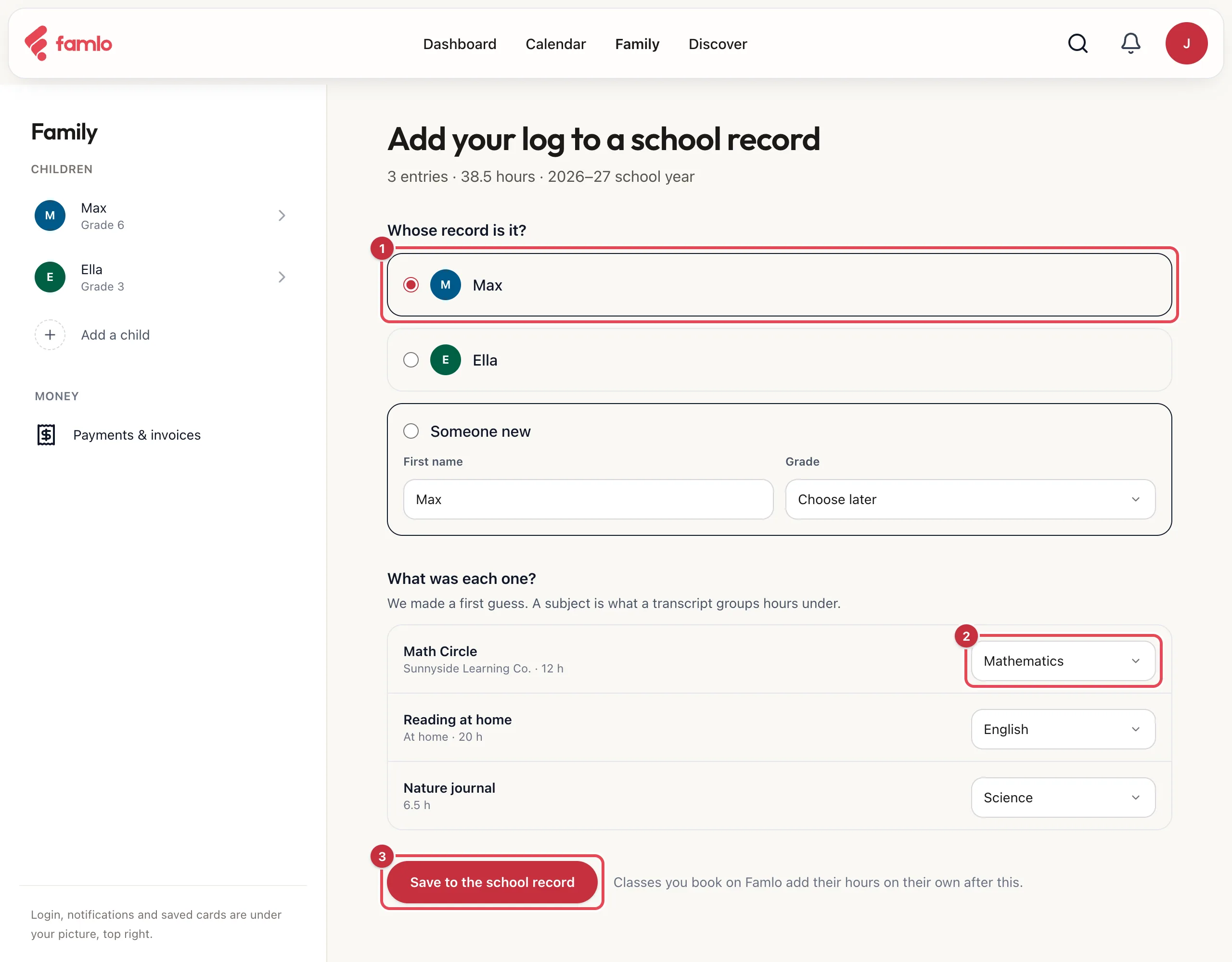 The Add your log to a school record page for 3 entries and 38.5 hours, with Max selected under Whose record is it?, the Mathematics subject for Math Circle, and Save to the school record highlighted