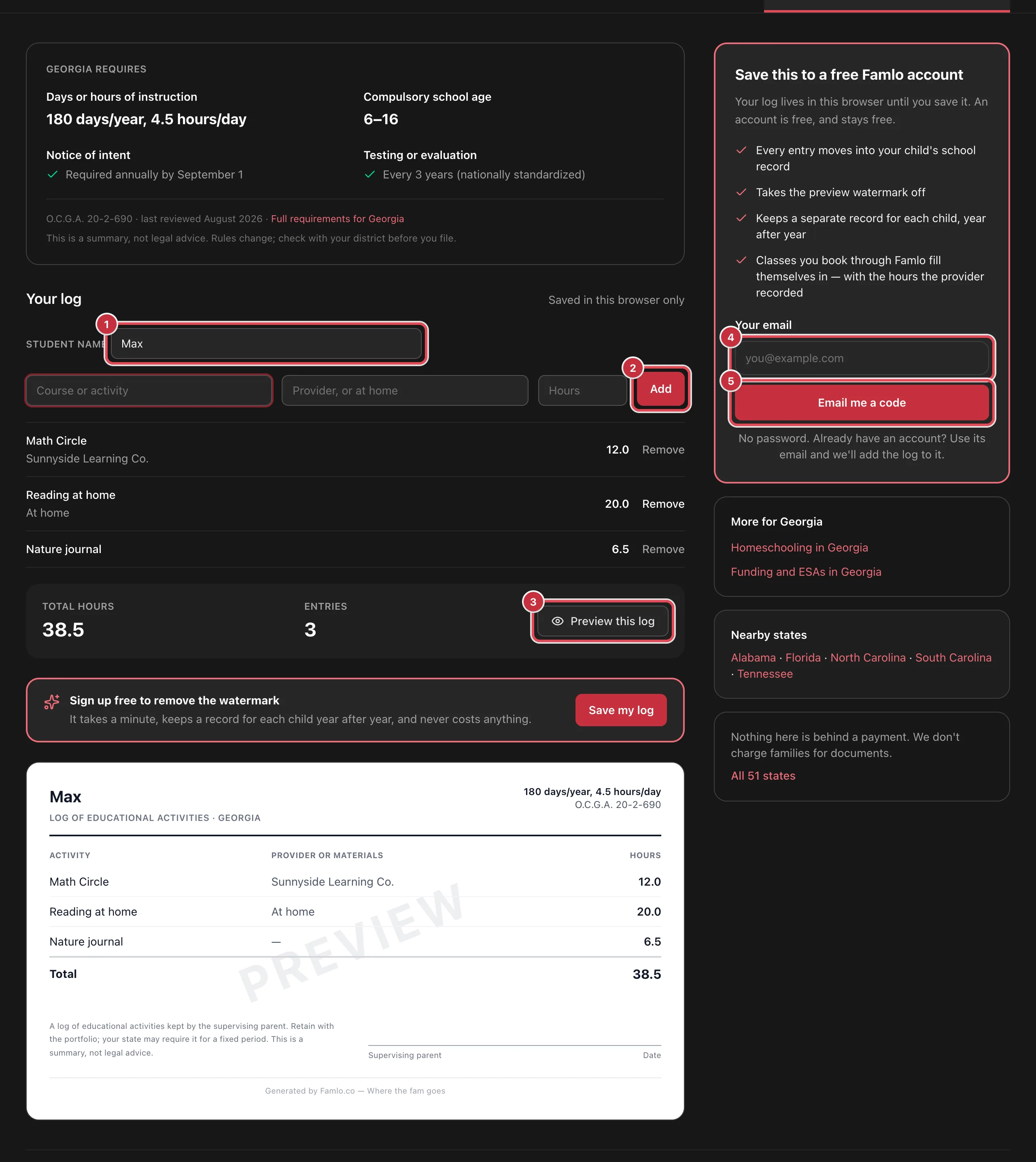 Georgia's records page: the requirements card, Your log with Student name, the entry row and Add highlighted, three entries, Preview this log, the watermarked log document, and the Save this to a free Famlo account box with Your email and Email me a code highlighted