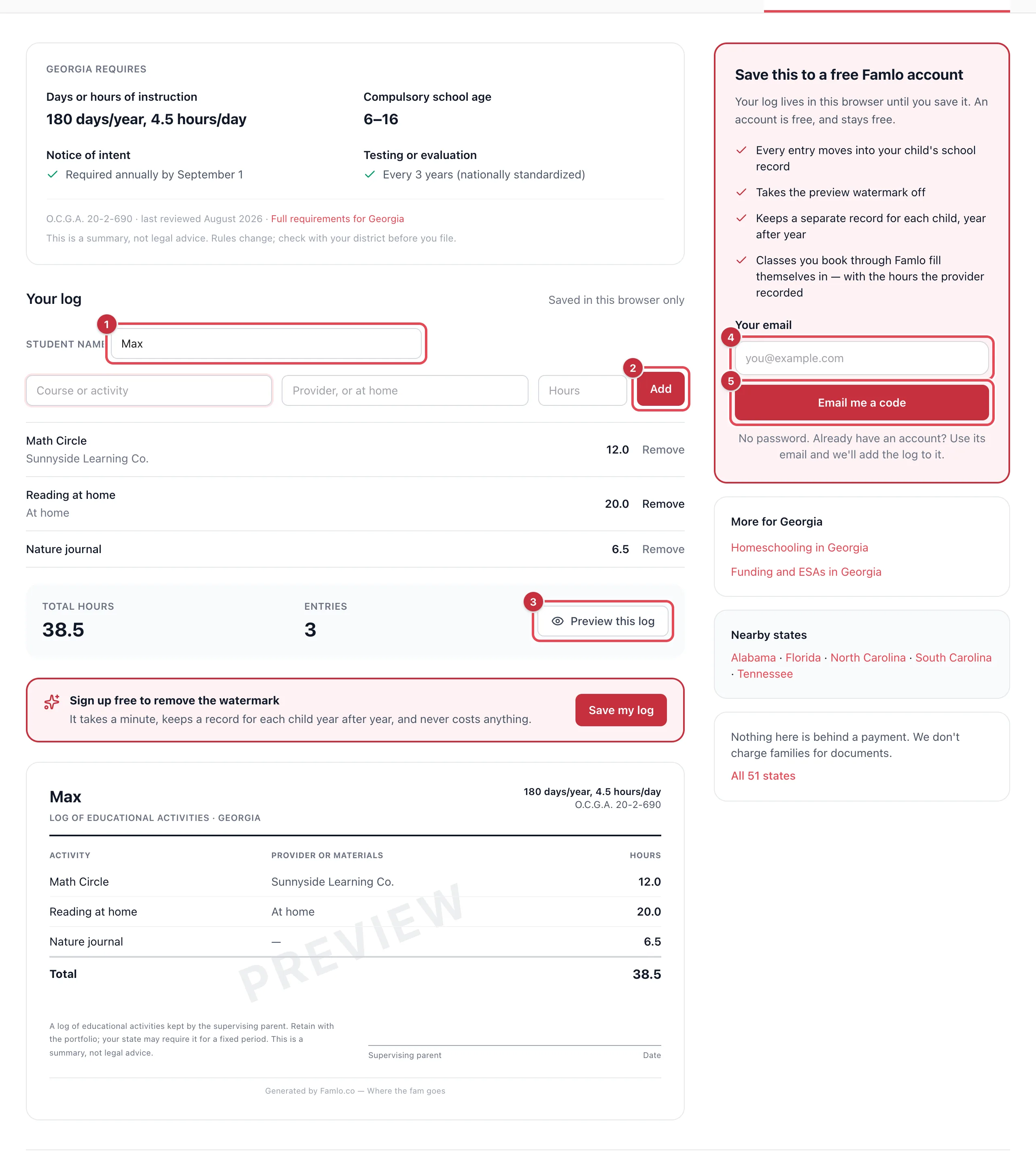 Georgia's records page: the requirements card, Your log with Student name, the entry row and Add highlighted, three entries, Preview this log, the watermarked log document, and the Save this to a free Famlo account box with Your email and Email me a code highlighted