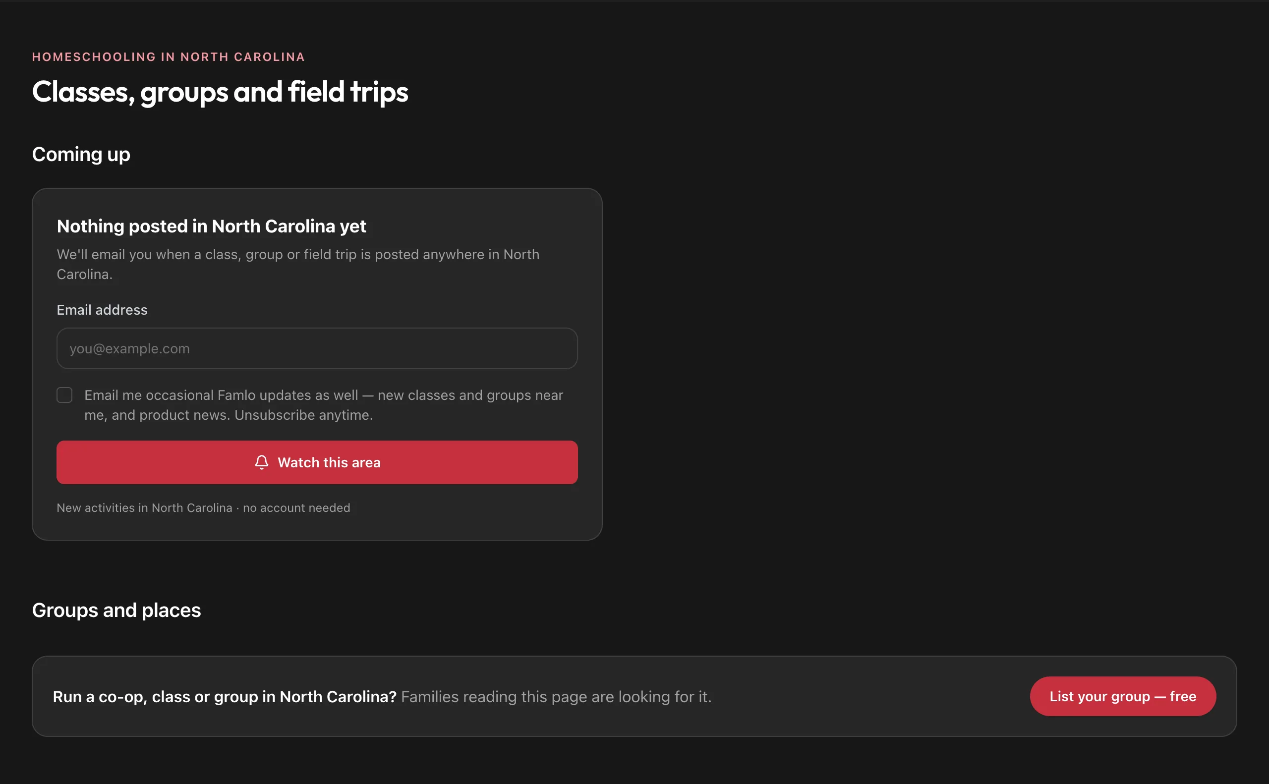 The Classes, groups and field trips section of a state guide, with nothing posted yet, an email address field and the Watch this area button