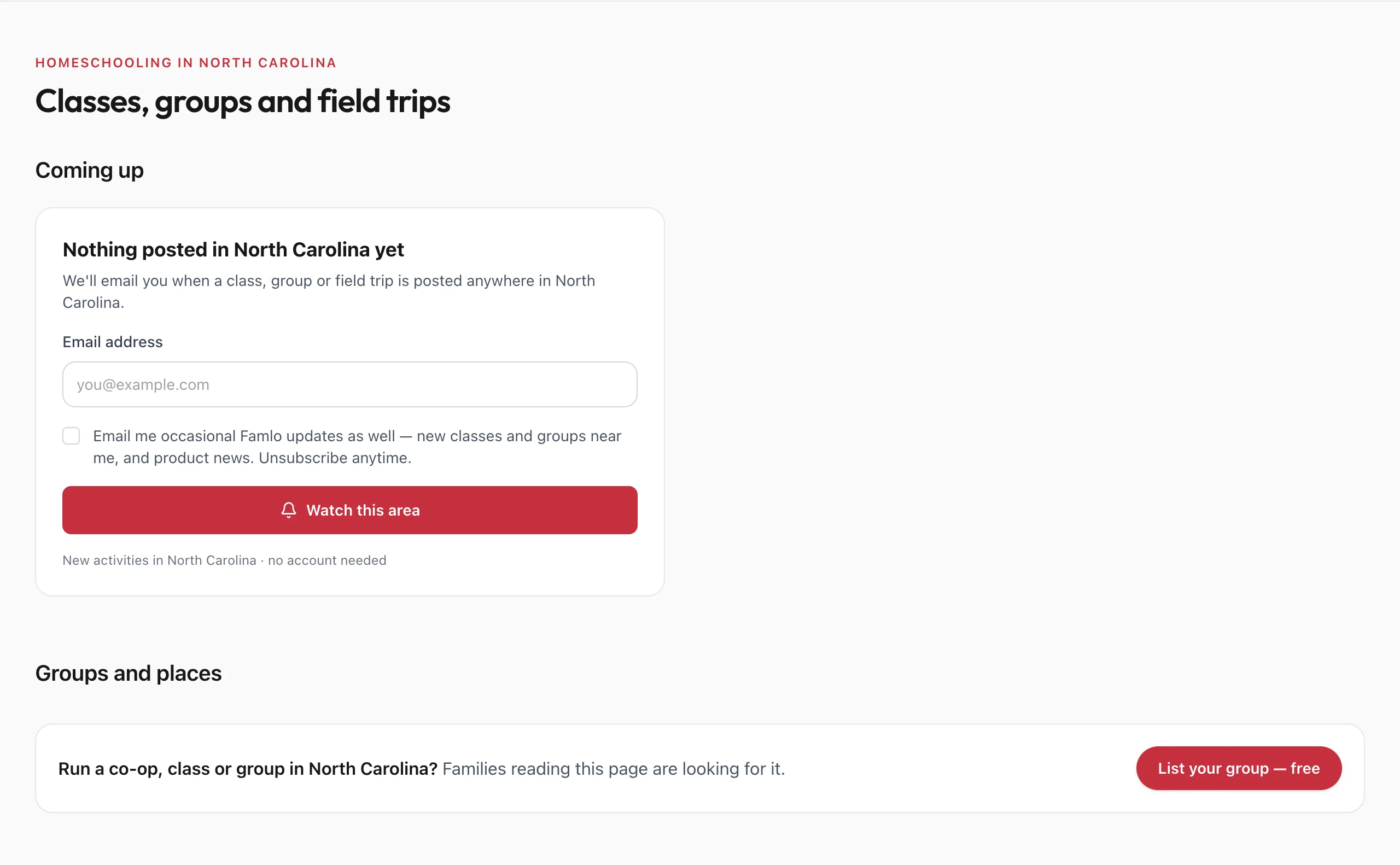 The Classes, groups and field trips section of a state guide, with nothing posted yet, an email address field and the Watch this area button