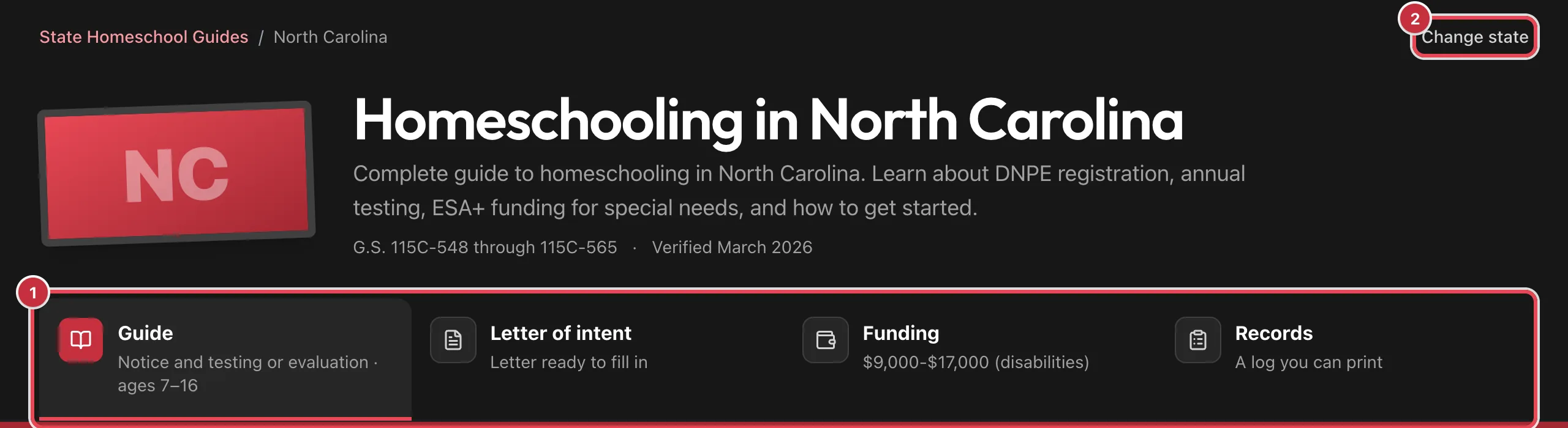 The top of the Homeschooling in North Carolina guide, with the state's four tabs and the Change state link highlighted