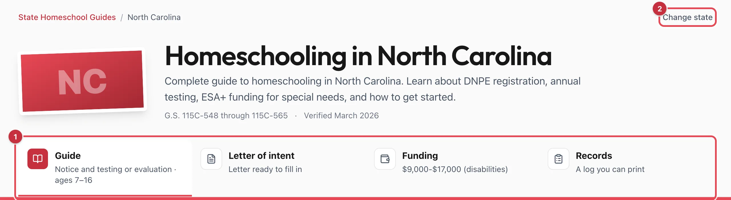 The top of the Homeschooling in North Carolina guide, with the state's four tabs and the Change state link highlighted